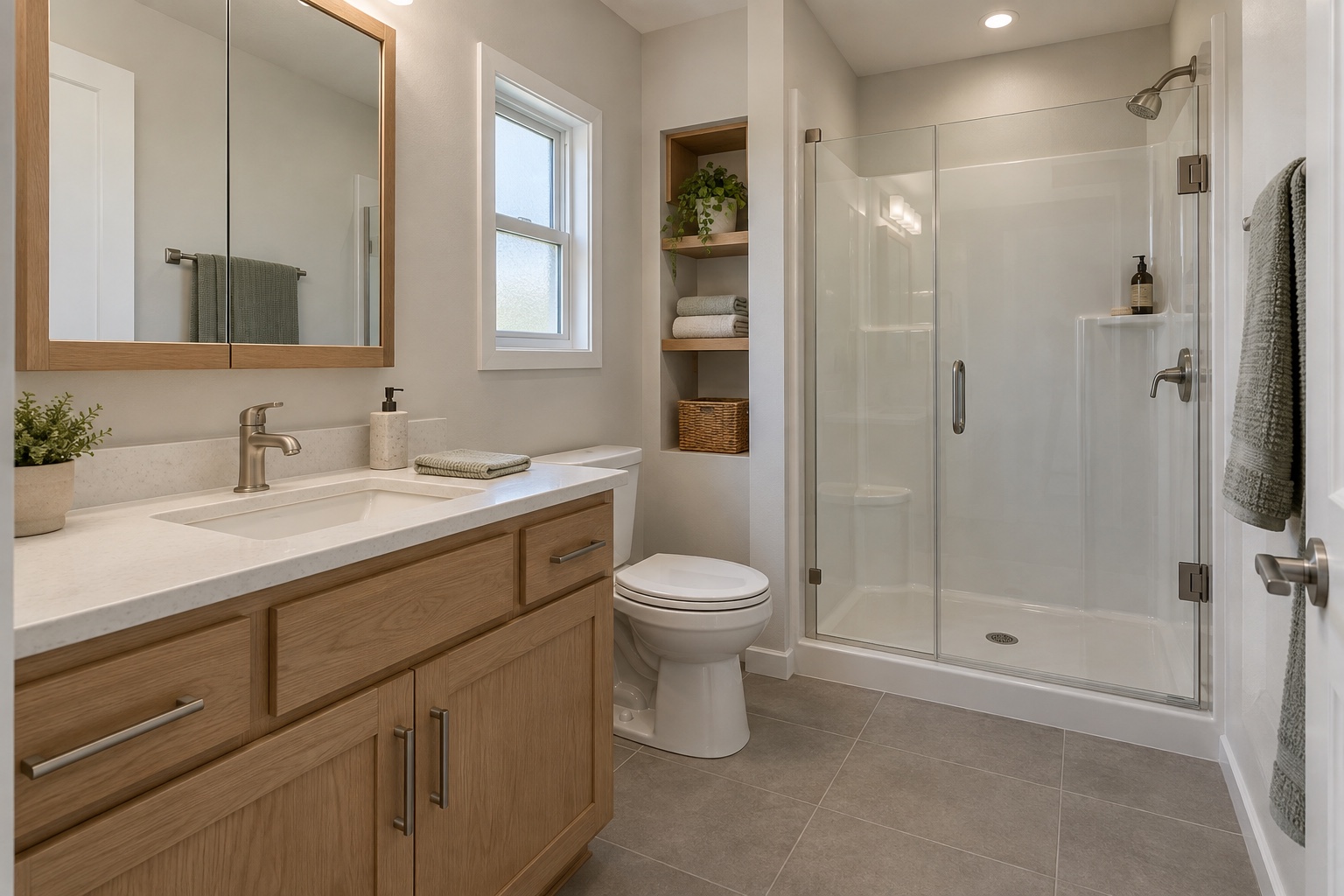 Primary bathroom with walk-in shower and oak vanity inside the Juniper 960