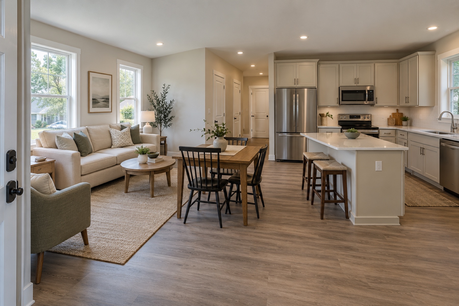 Realistic open living, dining and kitchen space inside the Juniper 960 modular cottage