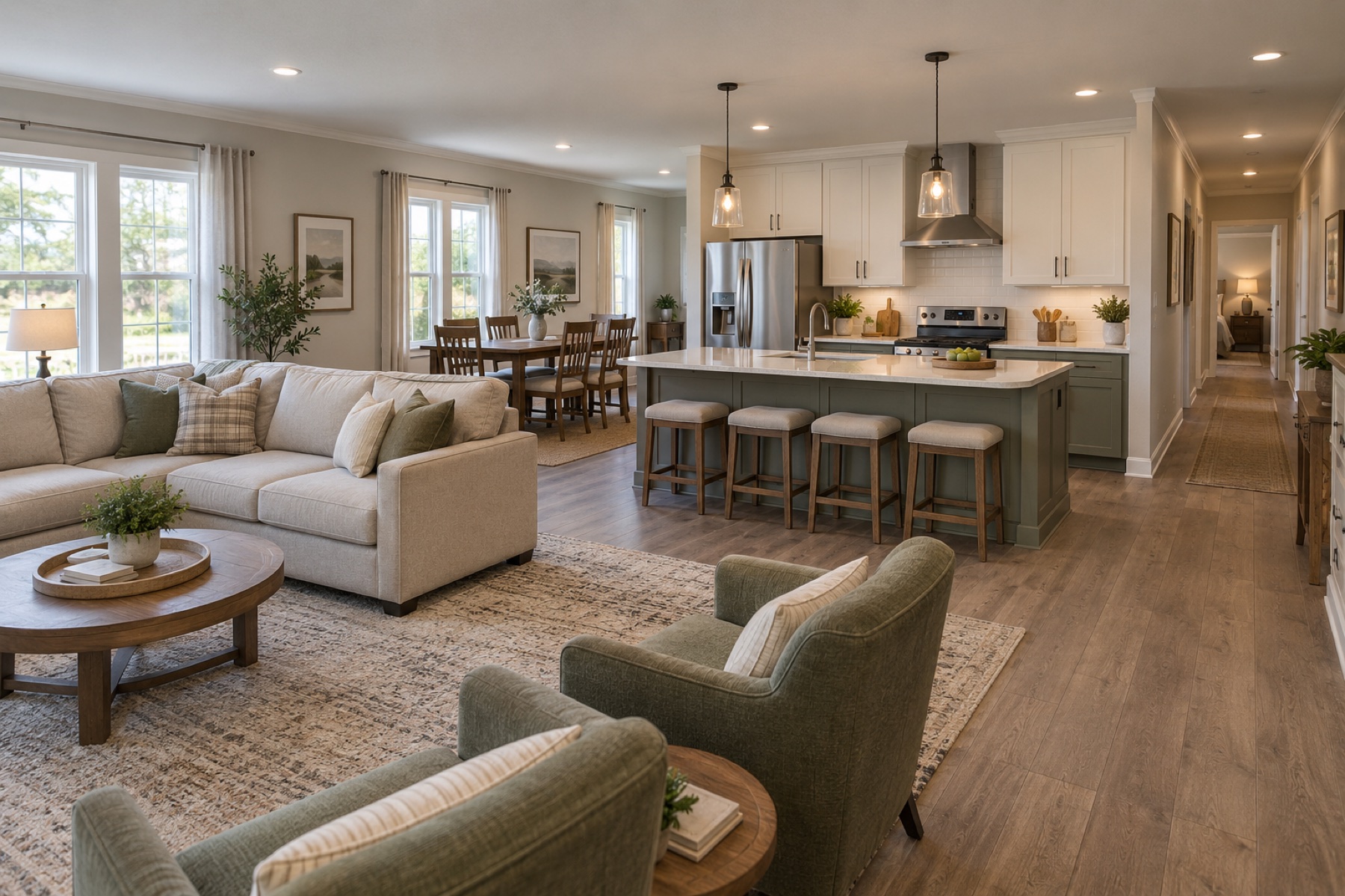 Realistic upgraded living, dining and kitchen space inside the Landmark 1792 double-wide mobile home
