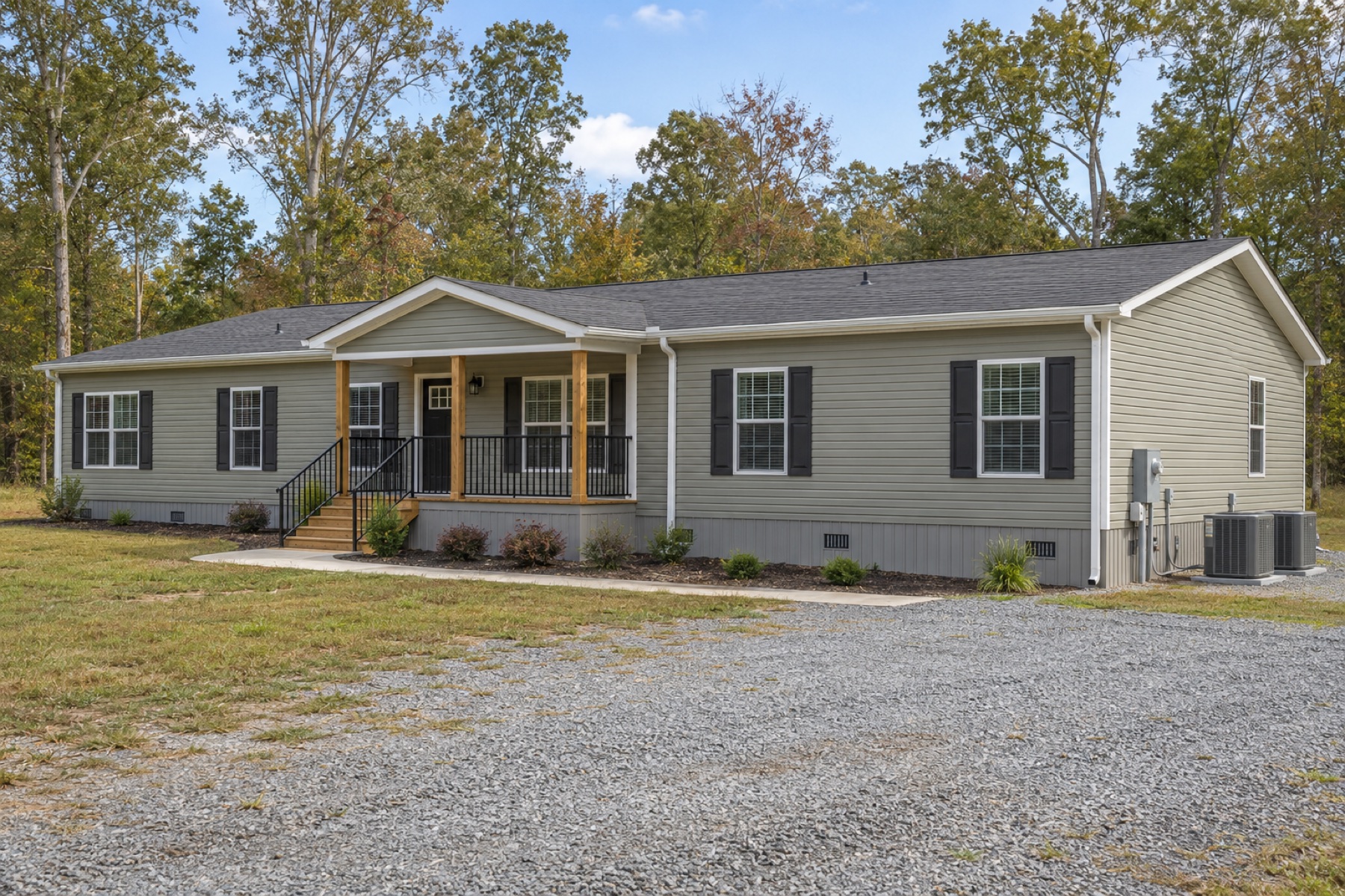Realistic concept of the Landmark 1792 sage-grey double-wide mobile home on a North Carolina homesite