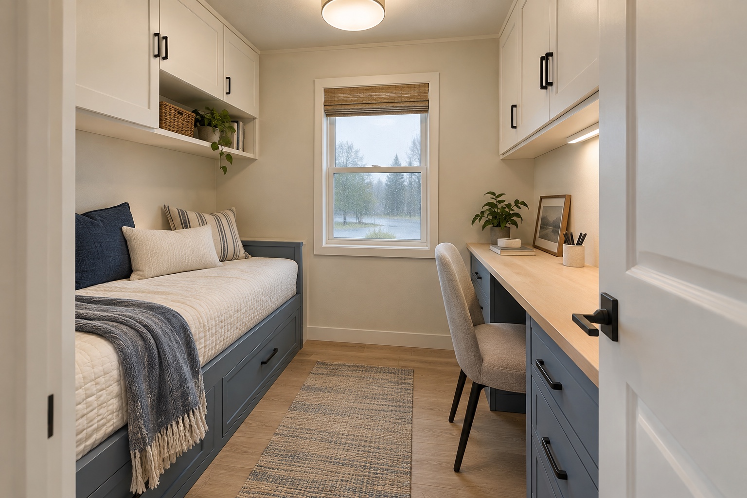 Small flex room with daybed, wall desk and overhead storage inside the Lark 392