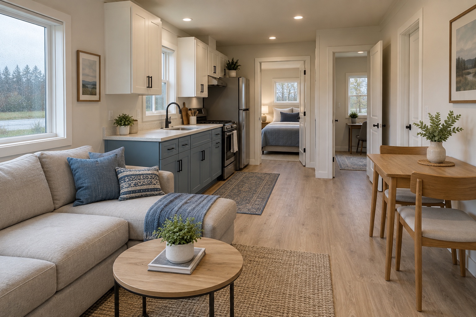 Realistic blue-gray kitchen, living room and flex-room doorway inside the Lark 392 mobile home