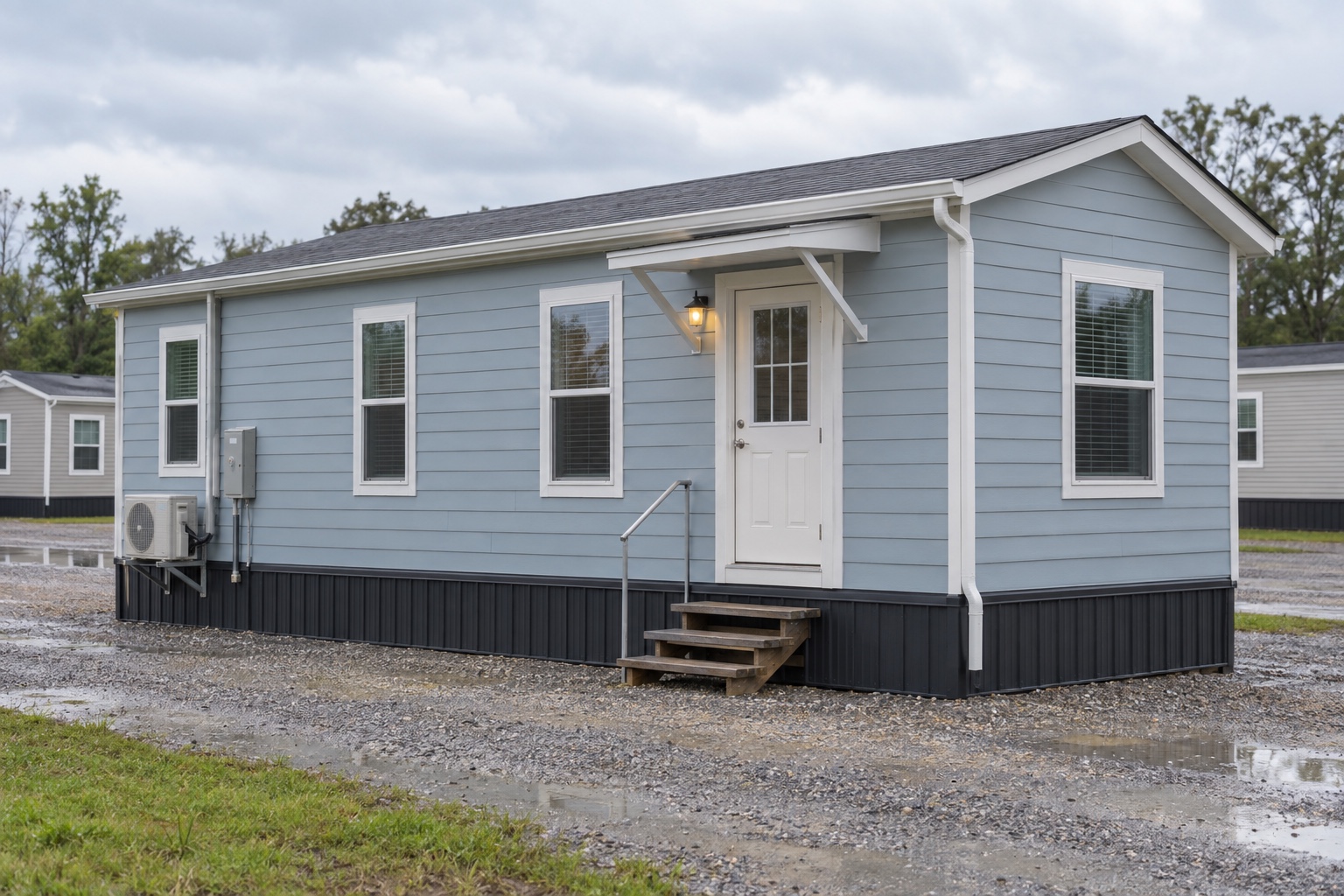 Realistic pale-blue Lark 392 mobile home on a damp Louisiana dealer lot
