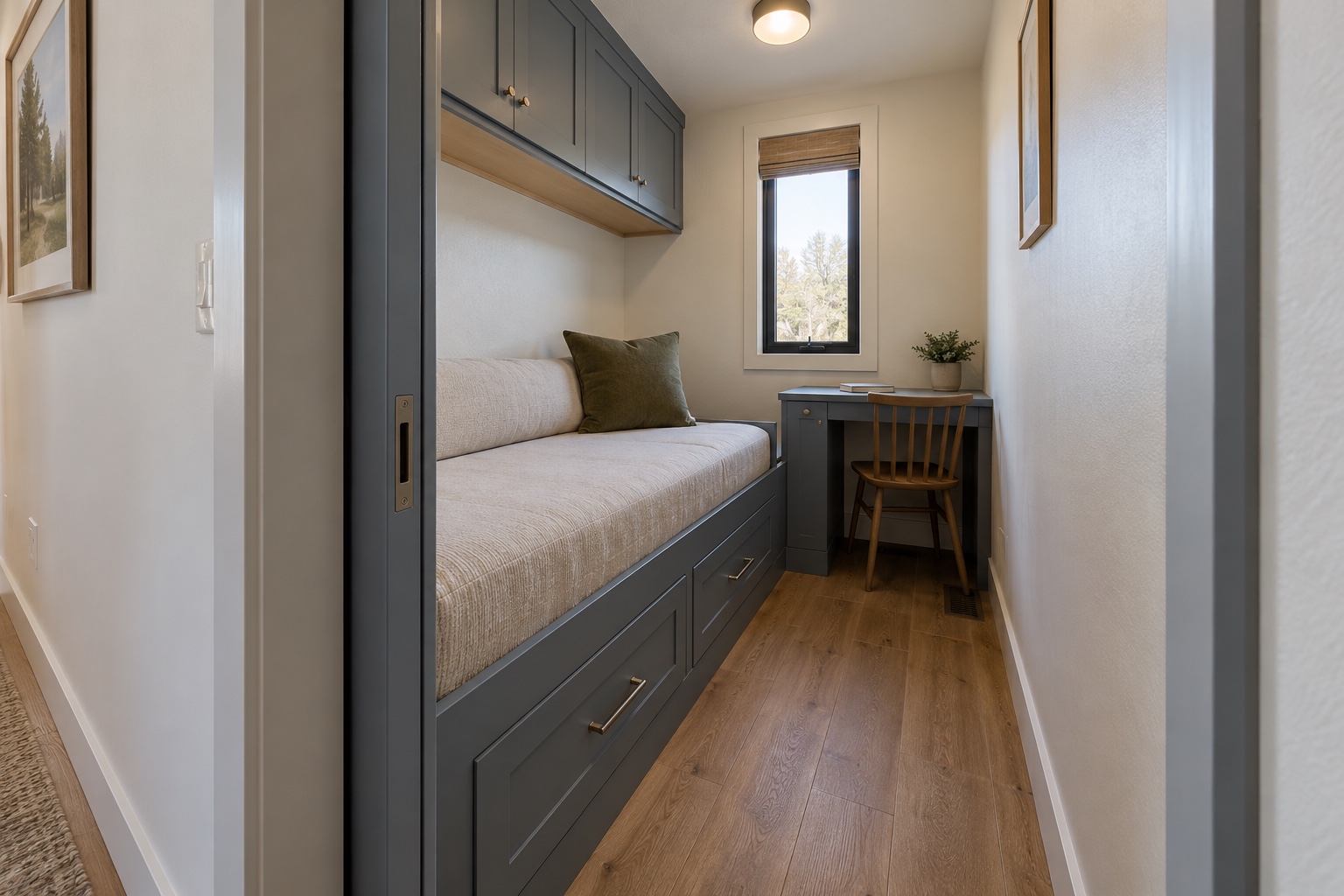 Daybed-and-desk flex room with pocket-door access inside the Longtrail 399 trailer home
