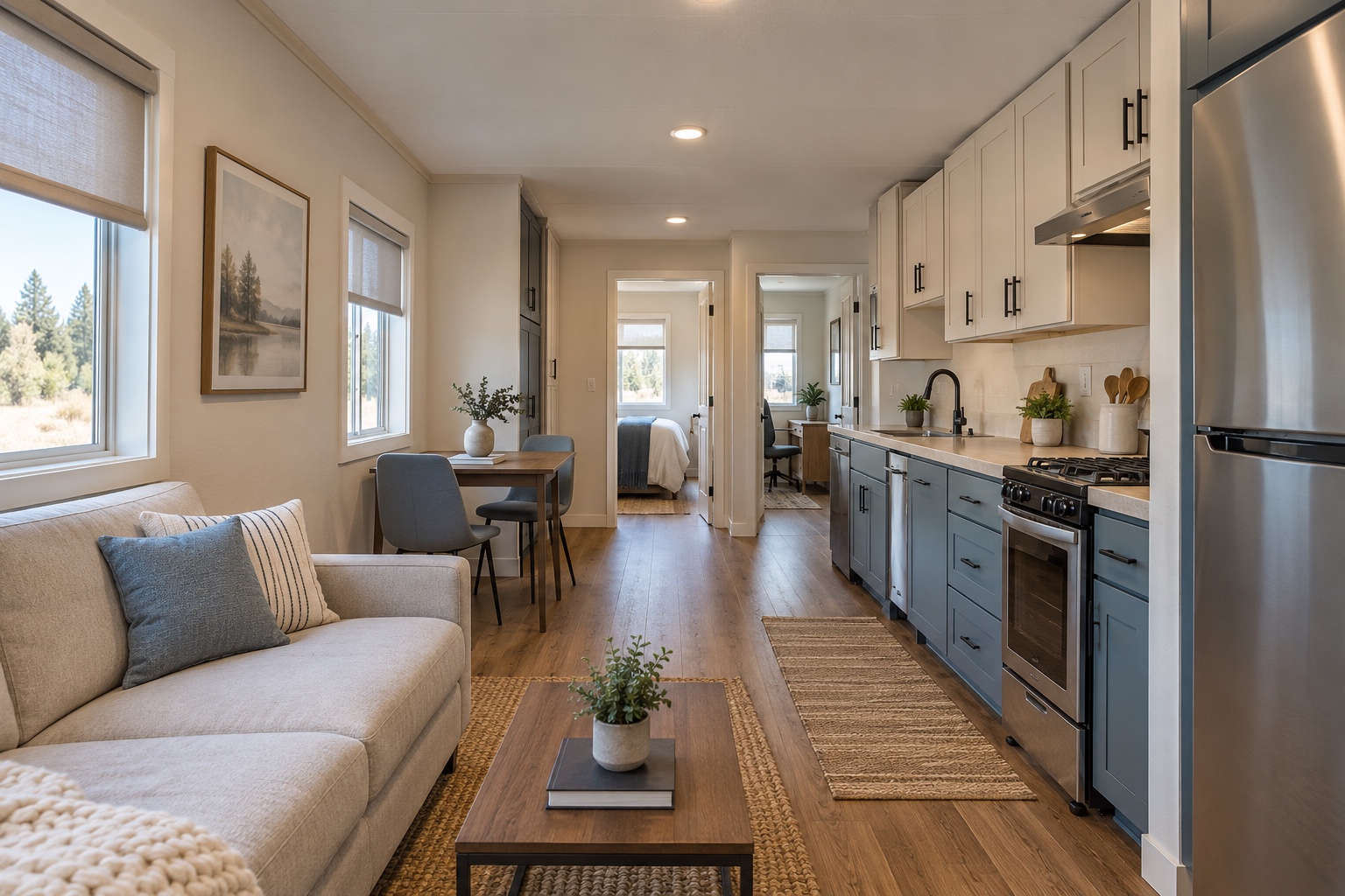 Photorealistic living, dining and galley kitchen inside the Longtrail 399 trailer home