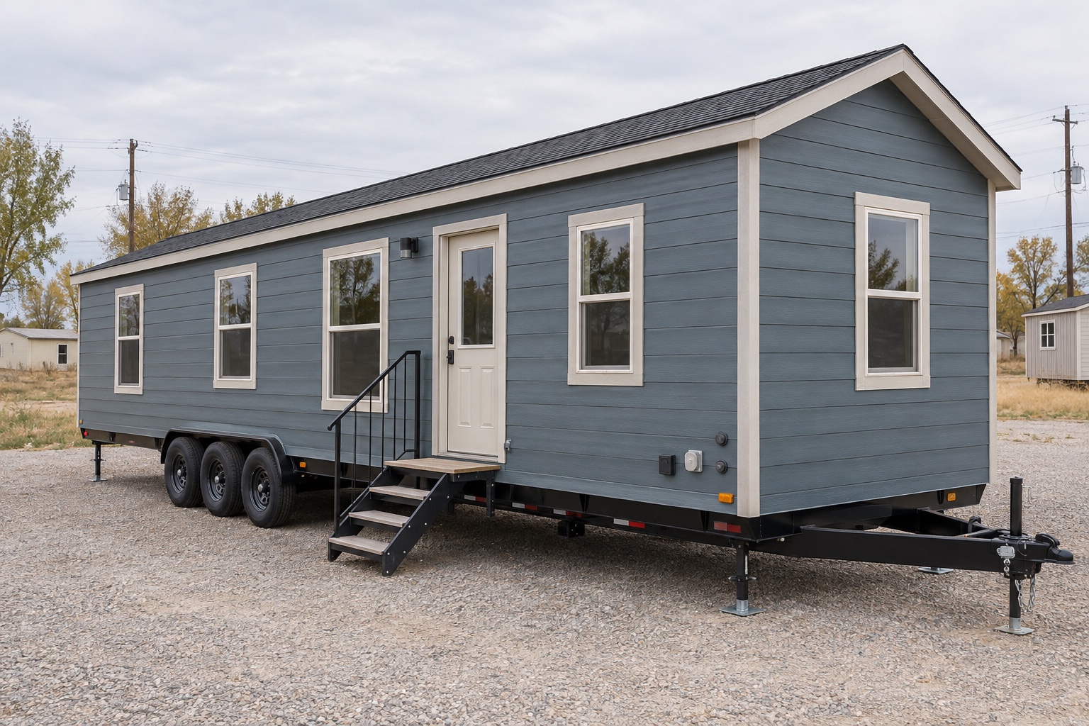 Photorealistic dusty-blue Longtrail 399 trailer home on a Colorado dealer lot