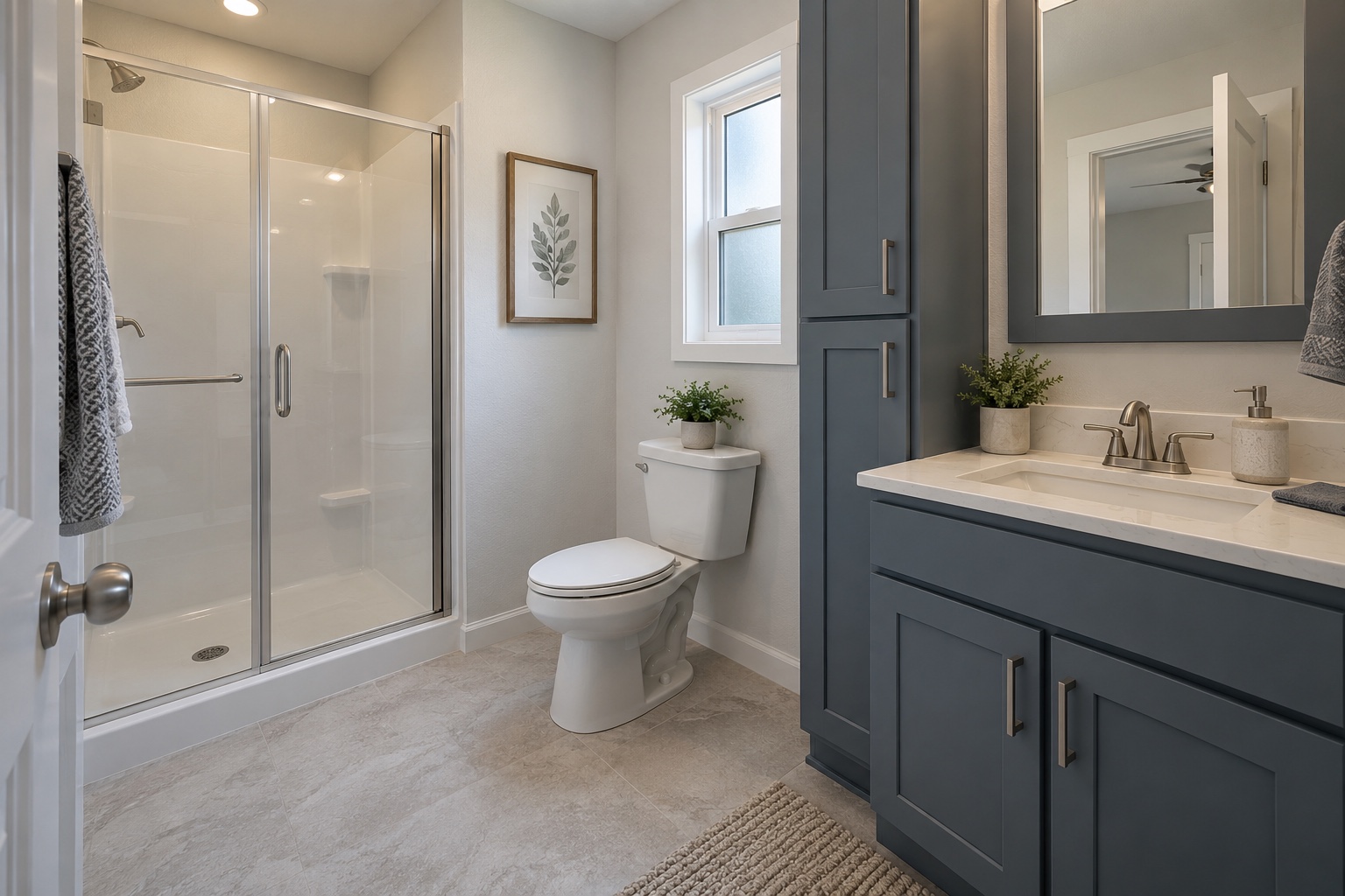 Primary bathroom with blue-gray vanity and practical shower inside the Magnolia 840