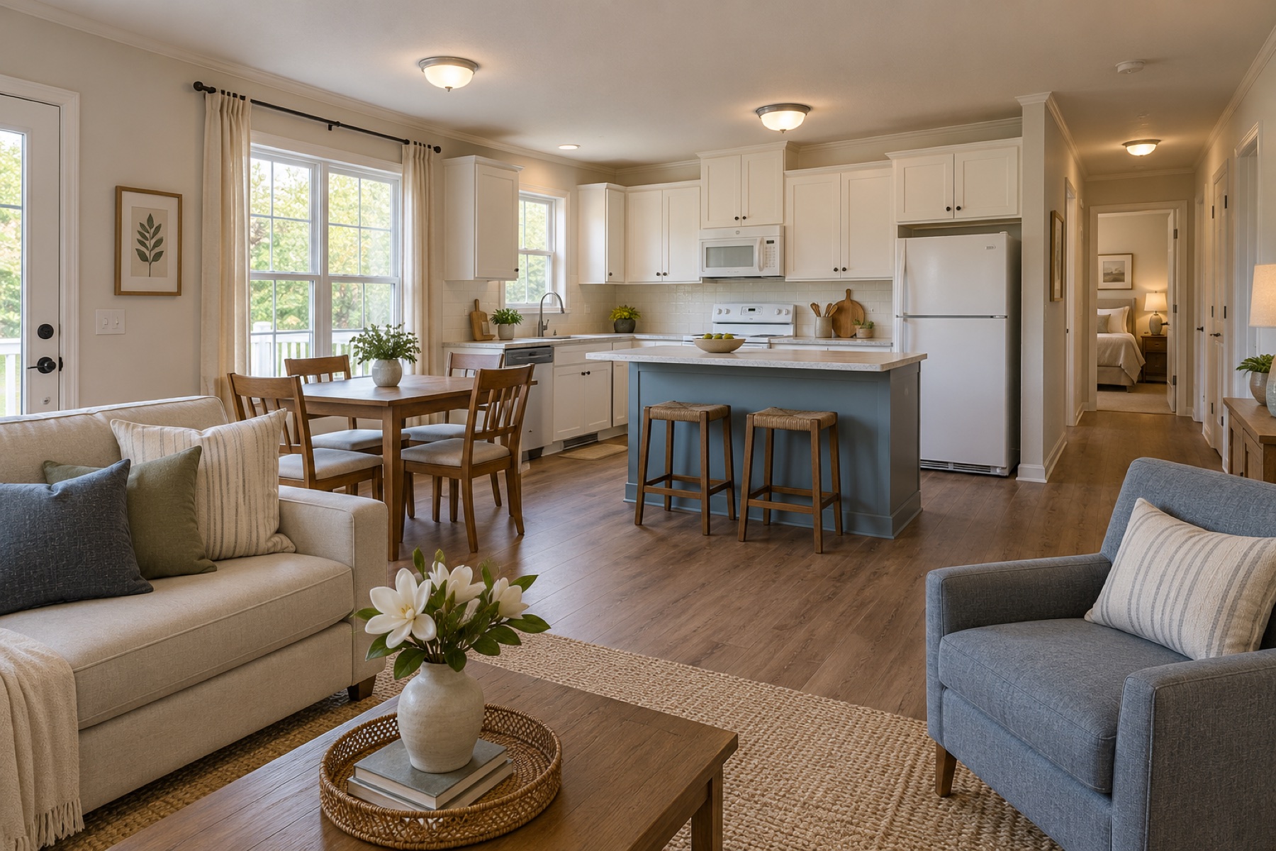 Realistic open living, dining and blue-grey kitchen inside the Magnolia 840 modular cottage