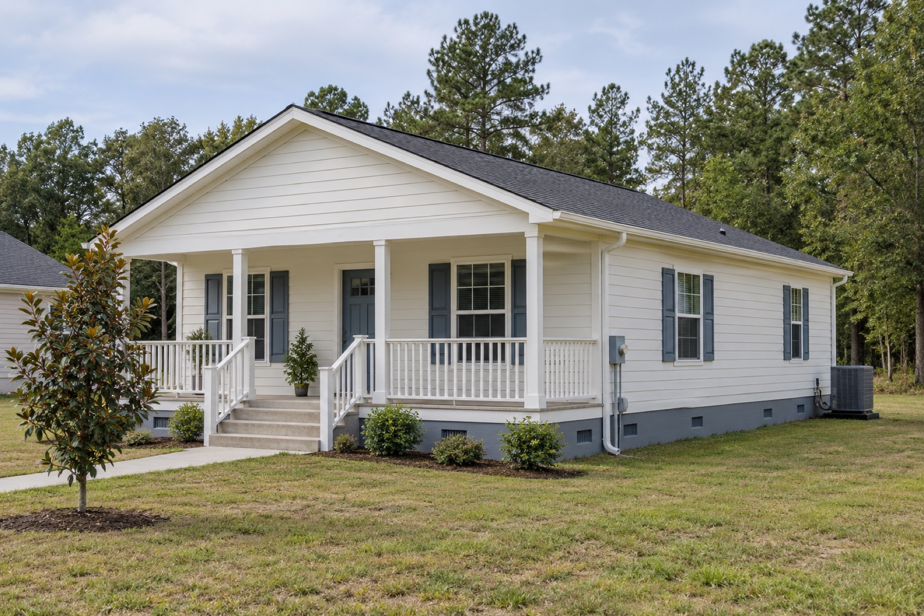 Realistic concept of the Magnolia 840 two-bedroom cottage on a modest southern residential lot