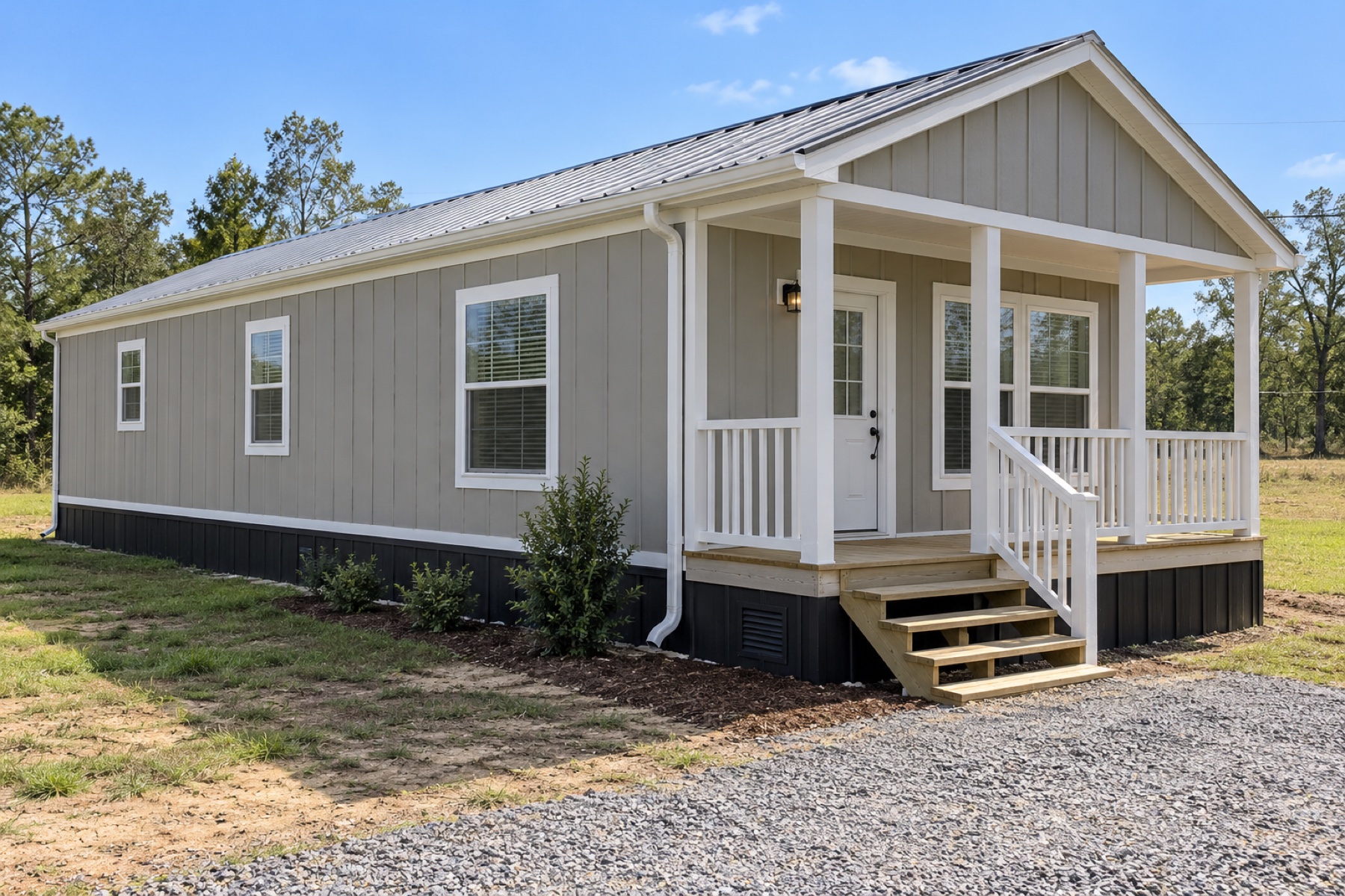 Realistic concept of the Mesa 640 two-bedroom manufactured cottage on a modest rural homesite