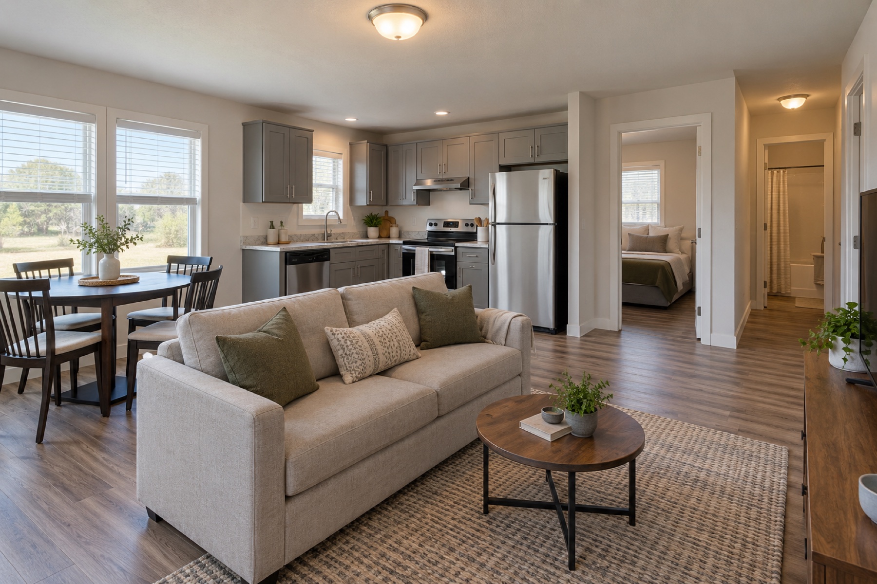 Realistic central living room and kitchen inside the Mesa 640 two-bedroom cottage