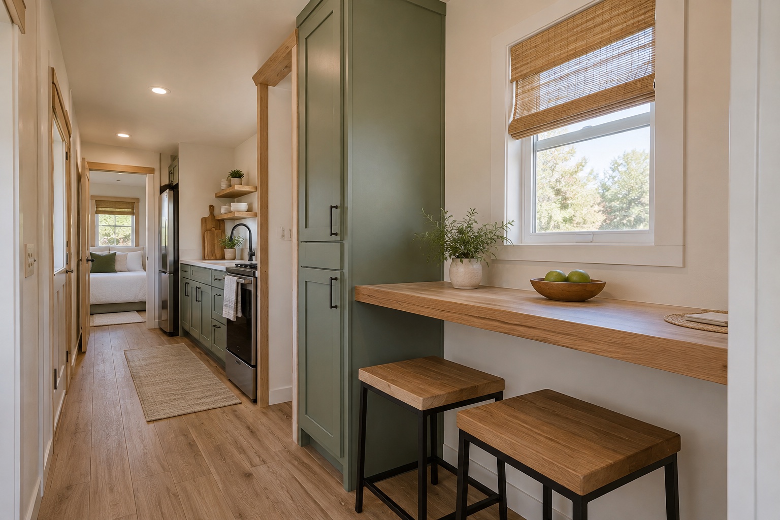 Space-saving dining ledge and tall storage cabinet inside the Nomad 320 mobile home