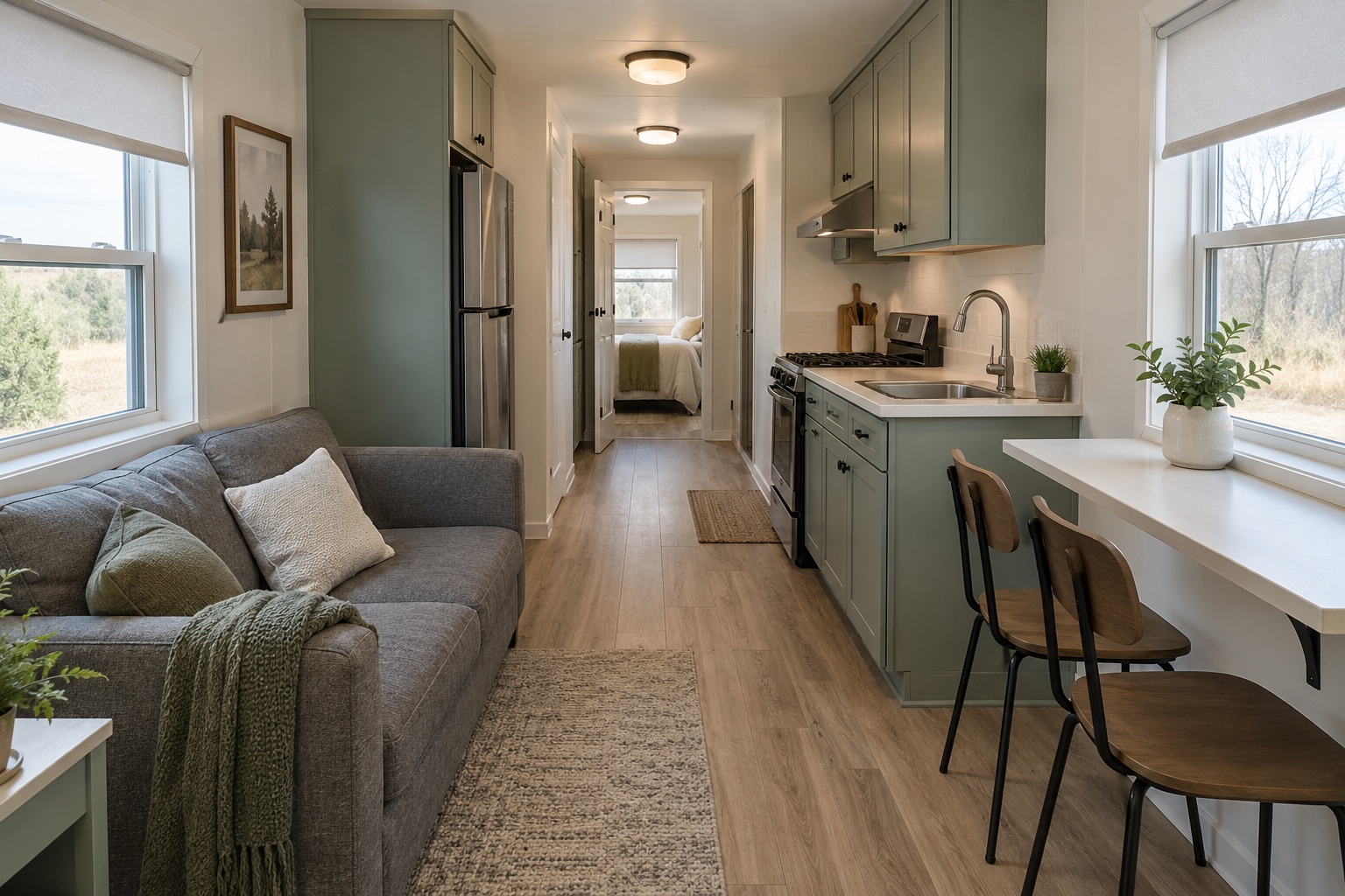 Realistic narrow lounge, dining ledge and sage-green galley kitchen inside the Nomad 320 mobile home