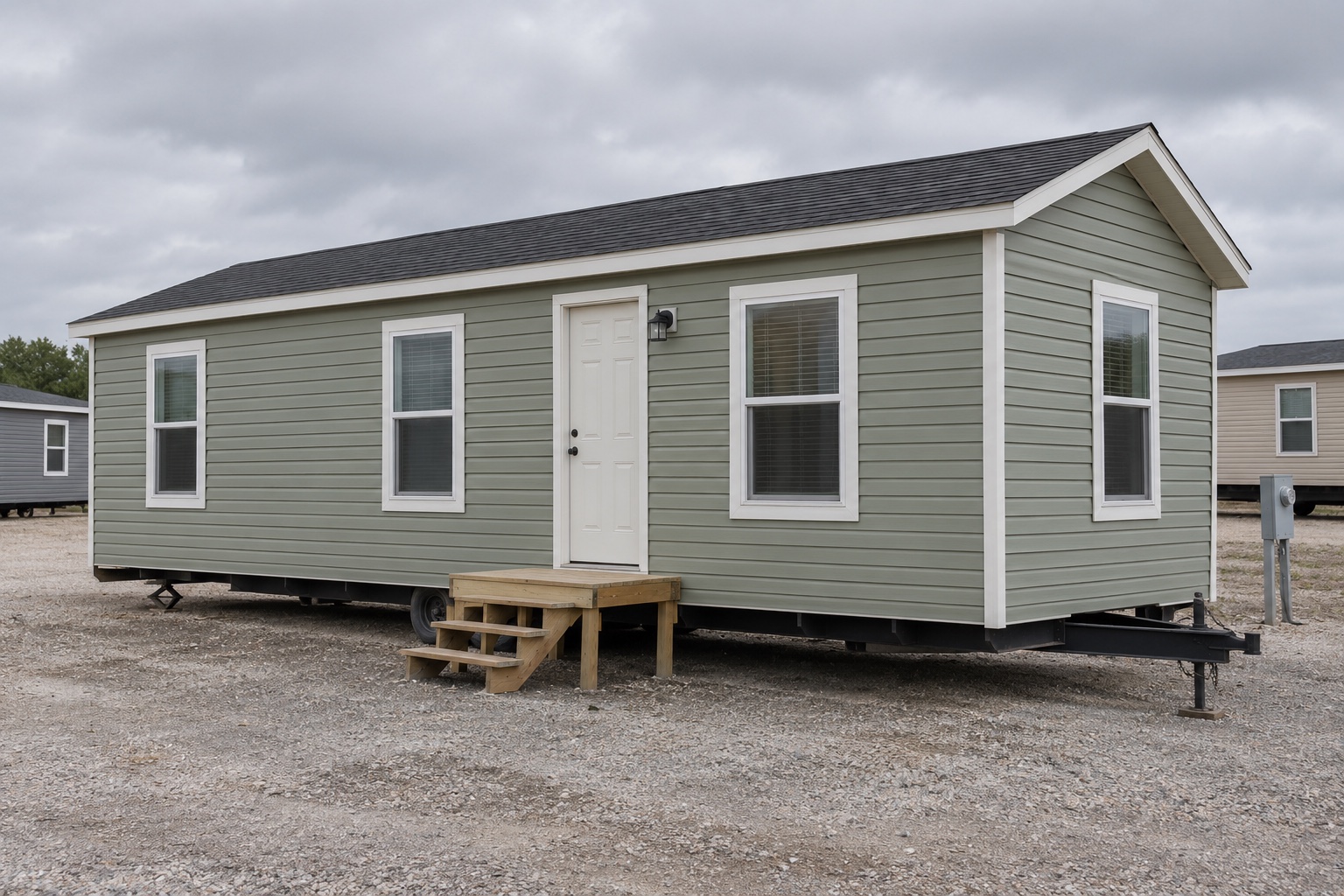 Realistic concept of the Nomad 320 sage-green compact mobile home on an ordinary dealer display lot