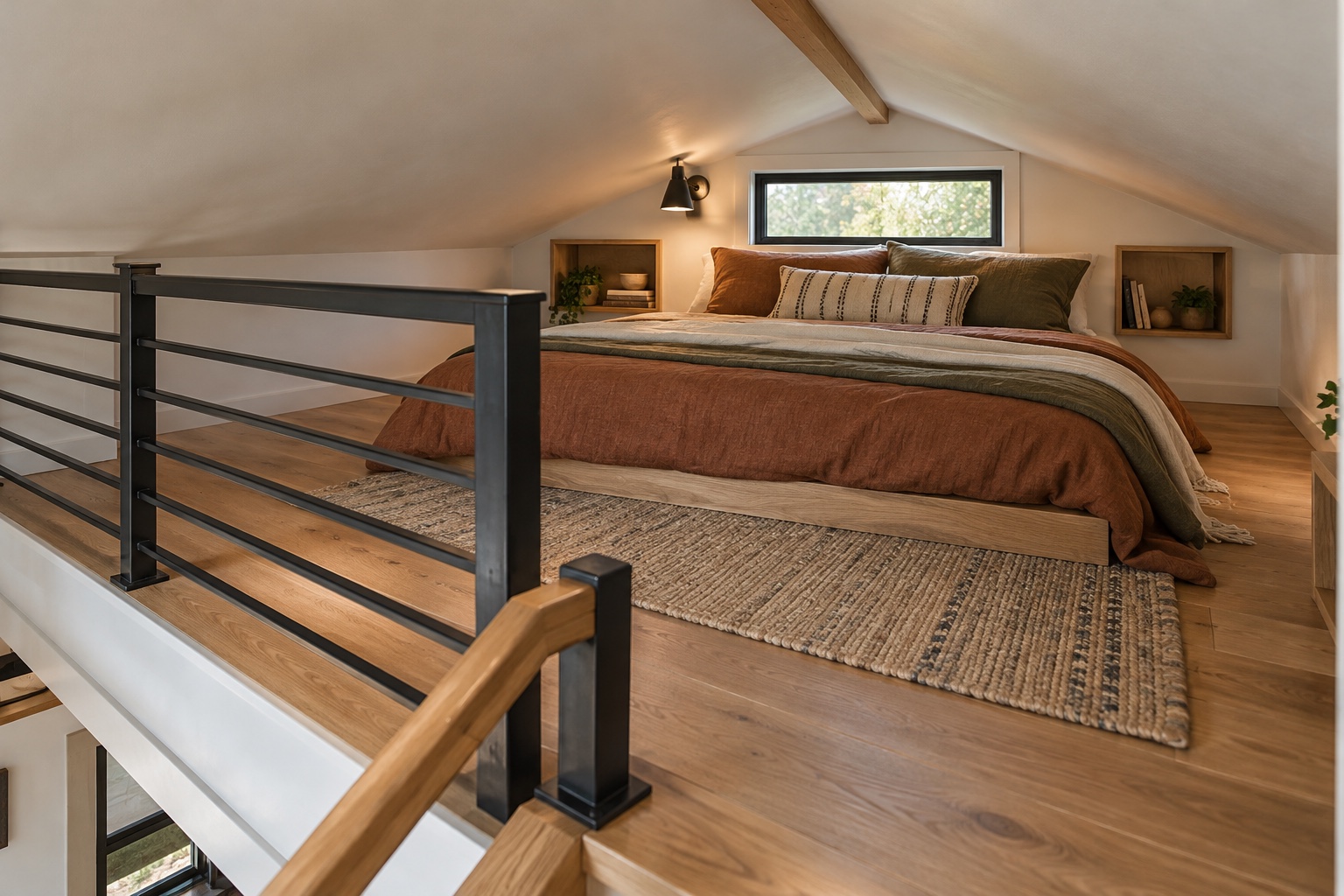 Low sleeping loft with fixed guard and stair landing inside the Overland Loft 320 trailer home