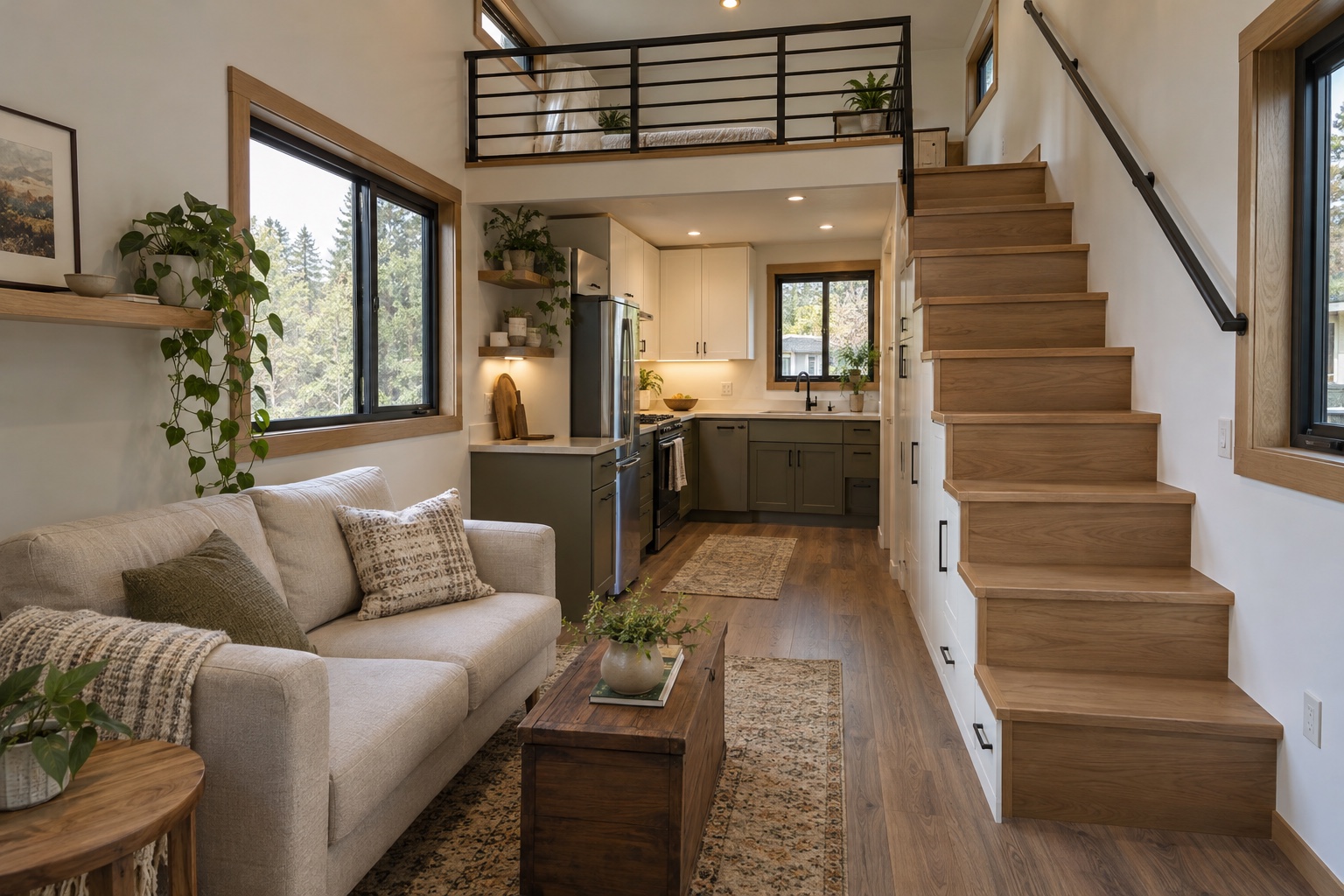 Photorealistic living room, storage stair, loft guard and compact kitchen inside the Overland Loft 320