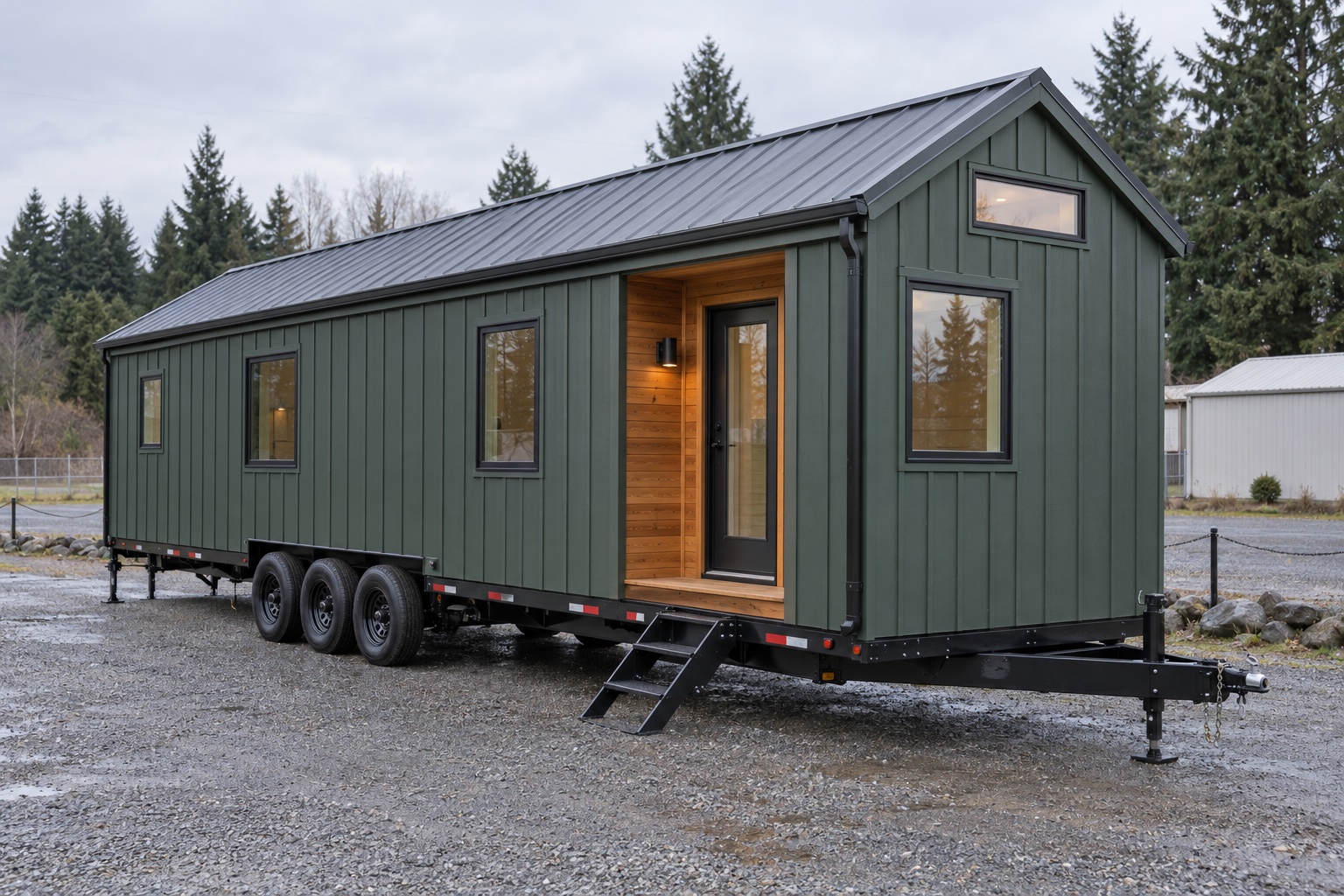 Photorealistic forest-green Overland Loft 320 on a triple-axle tiny-house trailer in an Oregon display yard