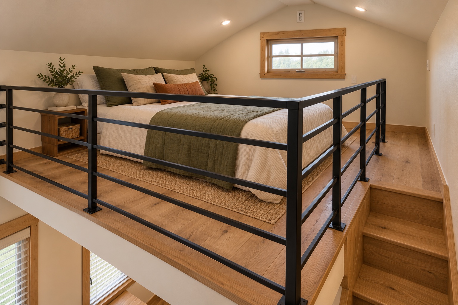 Warm sleeping loft with guardrail and clerestory window inside the Pecan Loft 399