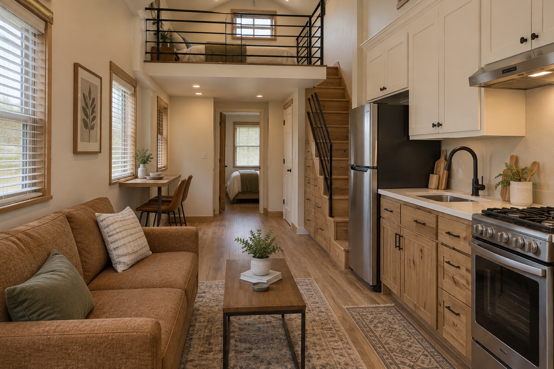 Realistic warm living space, loft stair and compact kitchen inside the Pecan Loft 399