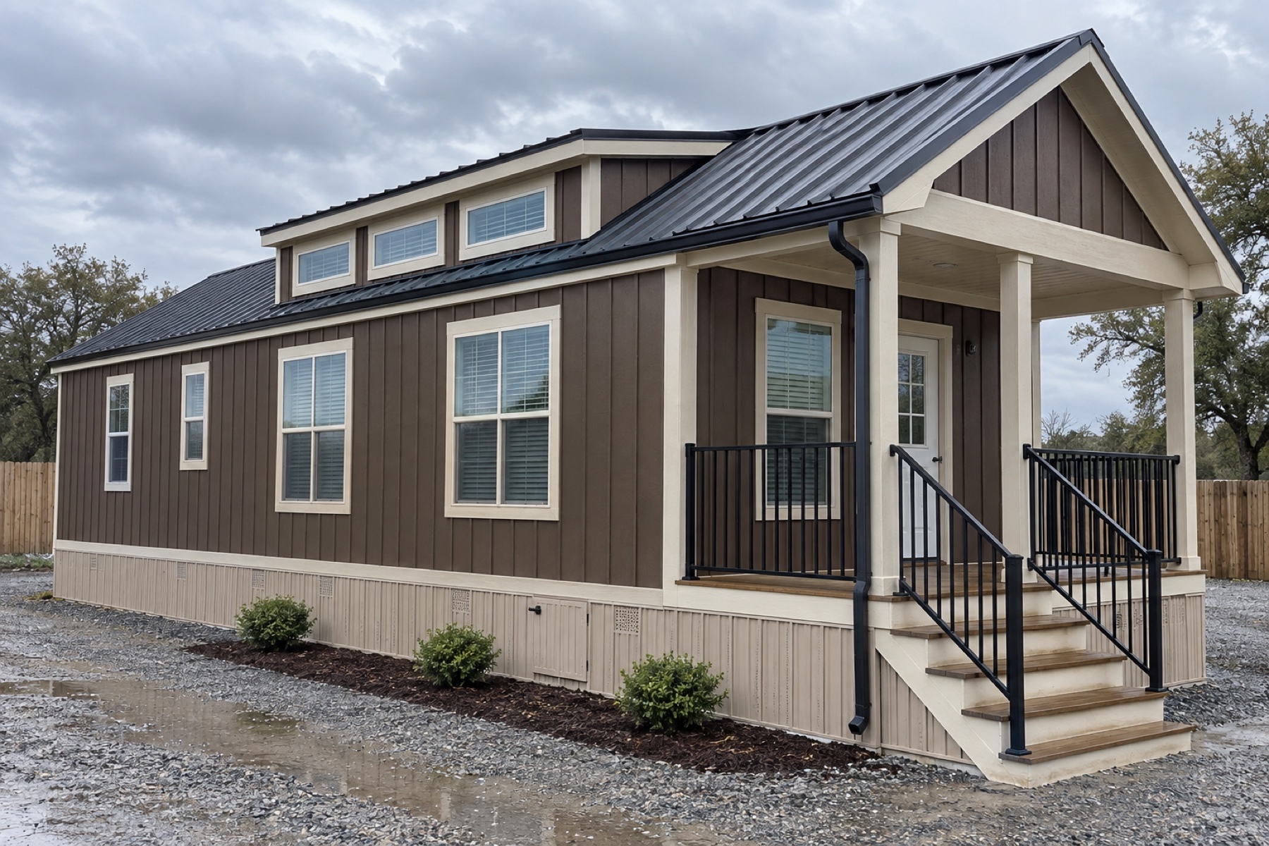 Realistic concept of the Pecan Loft 399 park model on a damp manufactured-home display lot