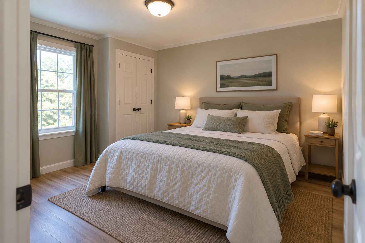 Primary bedroom with reach-in closet and modest residential finishes inside the Pinecrest 1056
