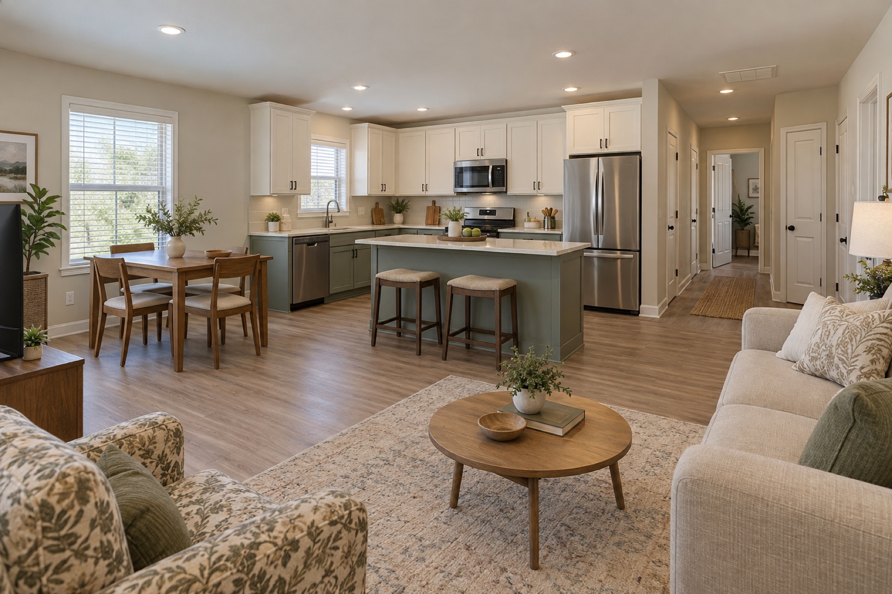 Realistic family living and kitchen space inside the Pinecrest 1056 modular home