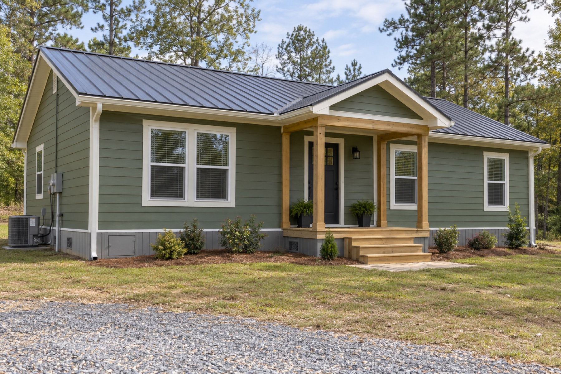 Realistic concept of the Pinecrest 1056 three-bedroom modular home on an Arkansas pine-country lot