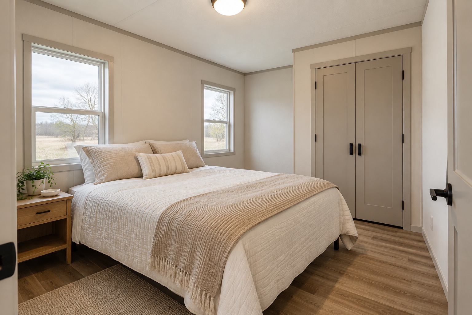 Compact rear bedroom with full bed and warm-gray reach-in closet inside the Prairie 364