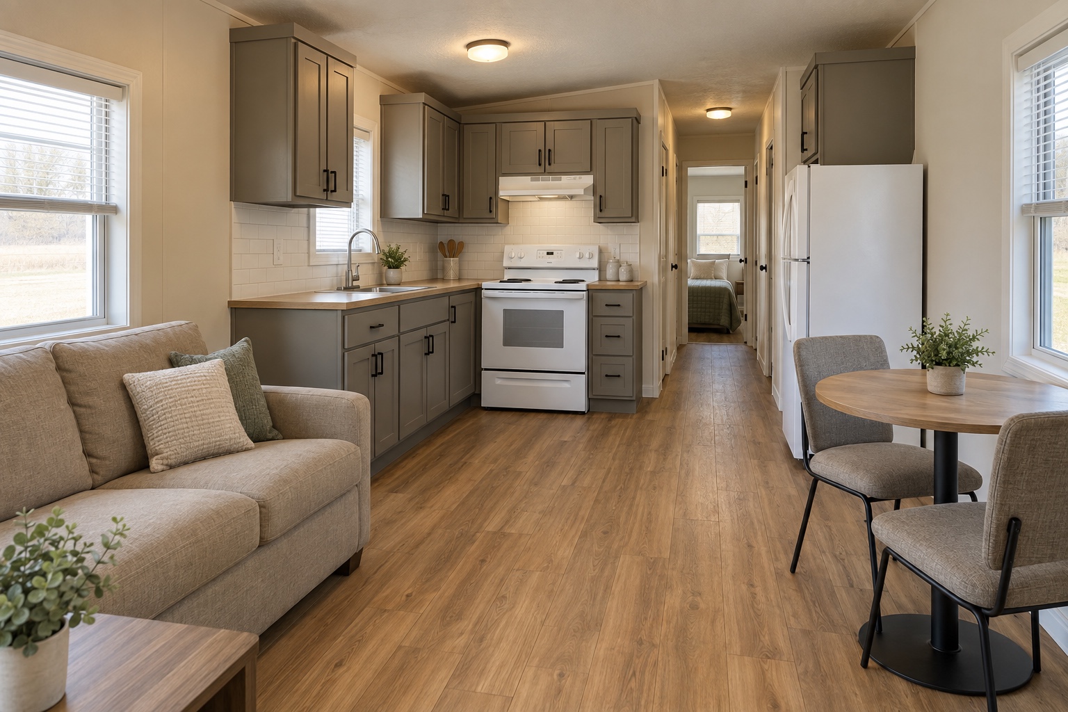 Realistic warm-gray compact kitchen, lounge and dining area inside the Prairie 364 mobile home