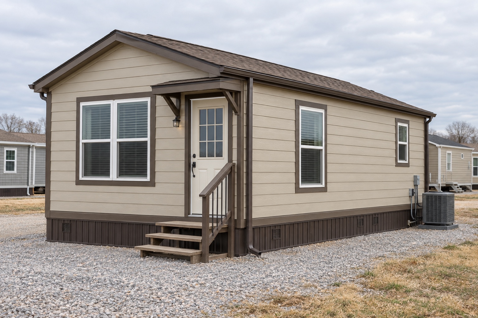 Realistic sand-beige Prairie 364 mobile home on an Oklahoma manufactured-home lot