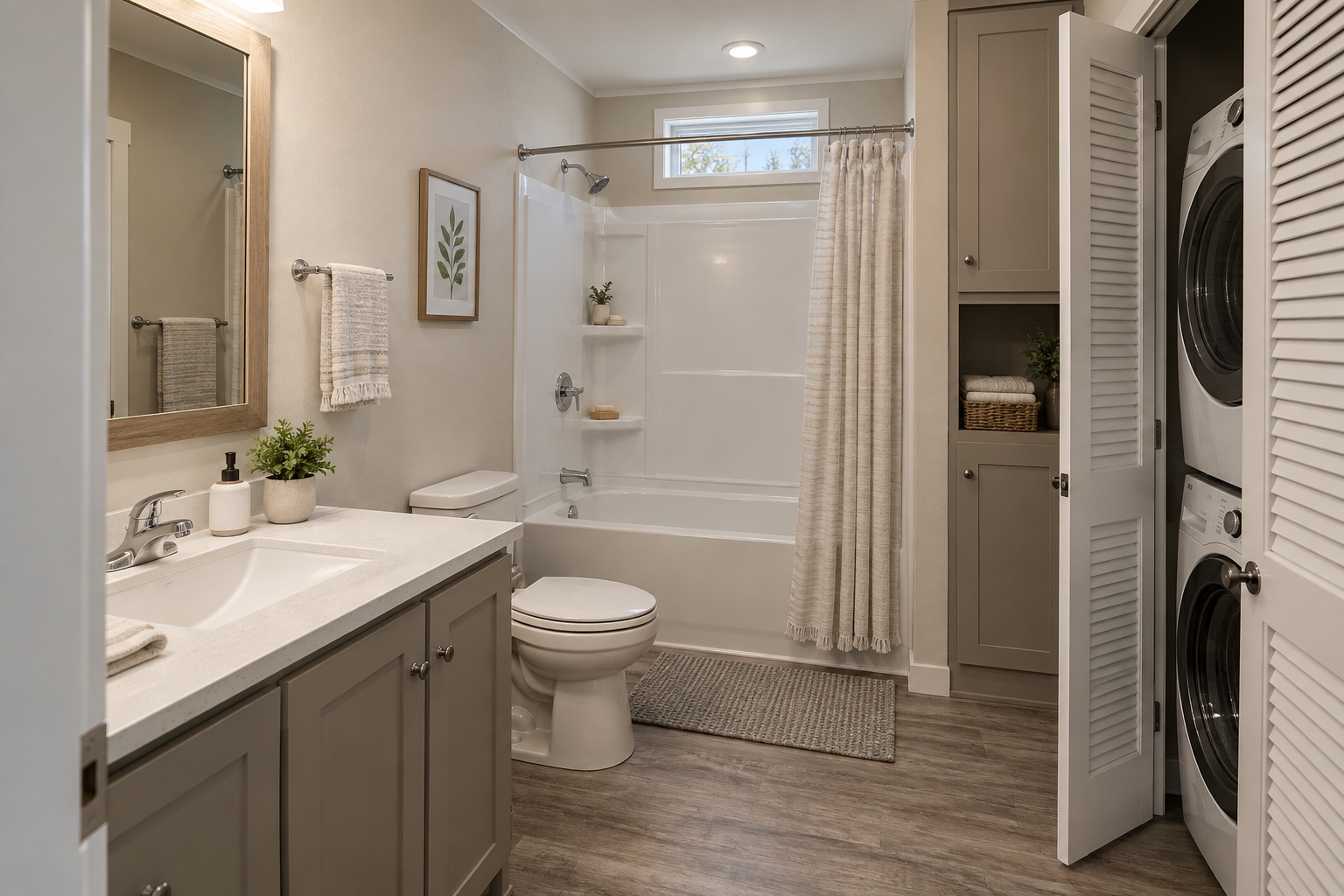 Laundry closet, linen storage and compact bathroom inside the Redbud 720