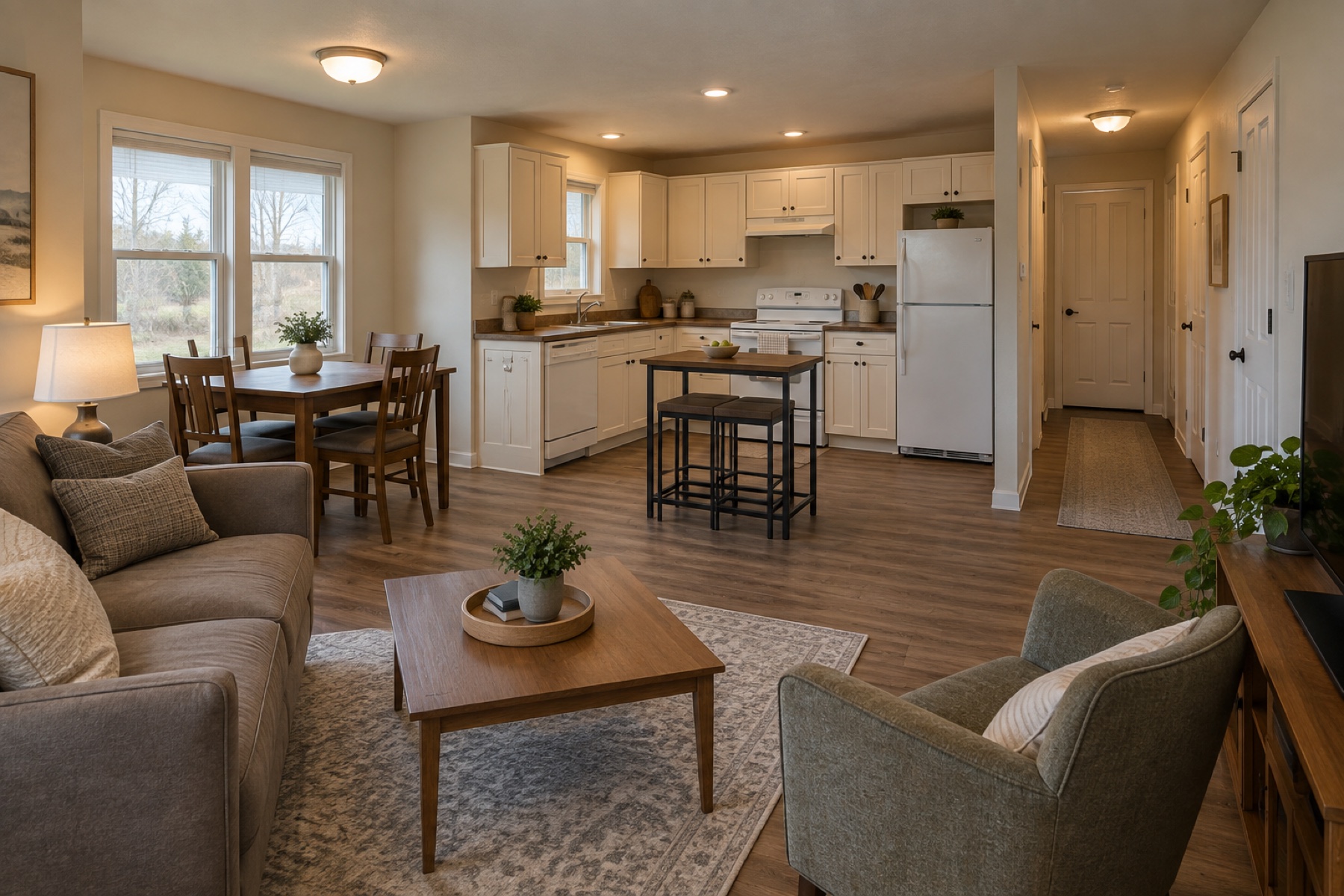Realistic affordable living room and central kitchen inside the Redbud 720 cottage