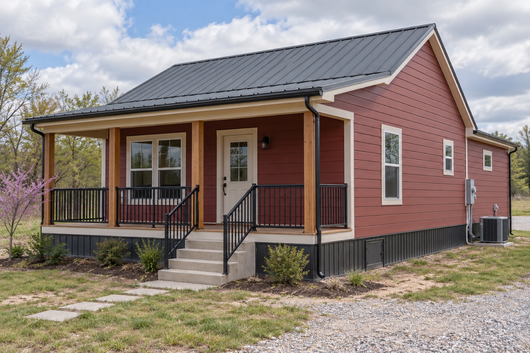 Realistic concept of the Redbud 720 two-bedroom modular cottage on a modest rural homesite