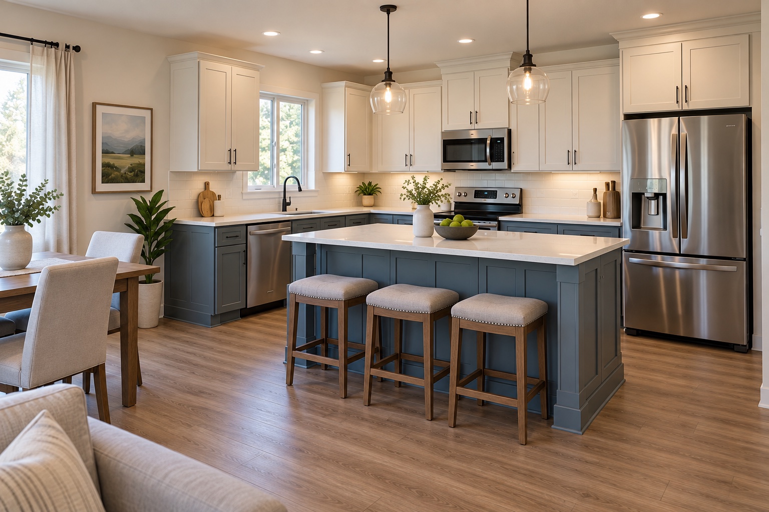Family kitchen island, pantry cabinets and dining zone inside the Ridgeview 1120