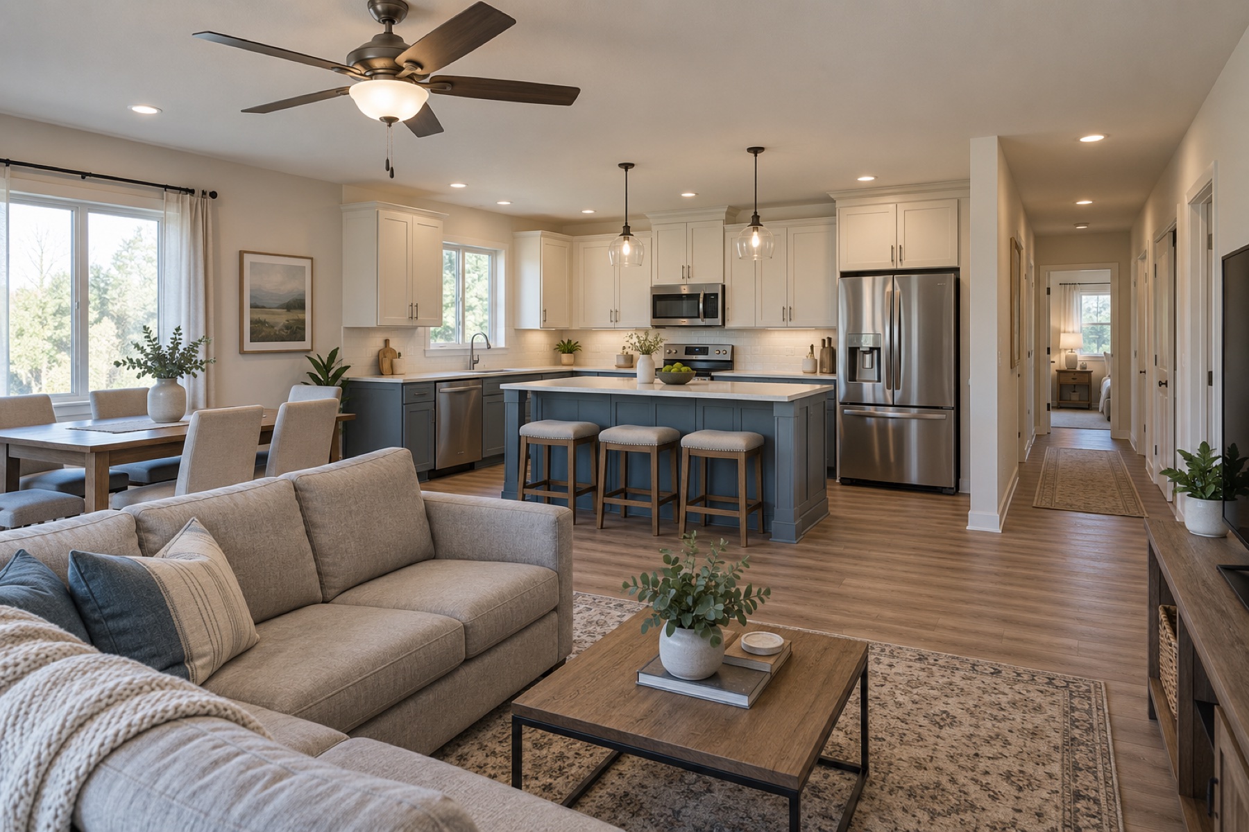 Realistic family living, dining and blue-grey kitchen inside the Ridgeview 1120 modular home