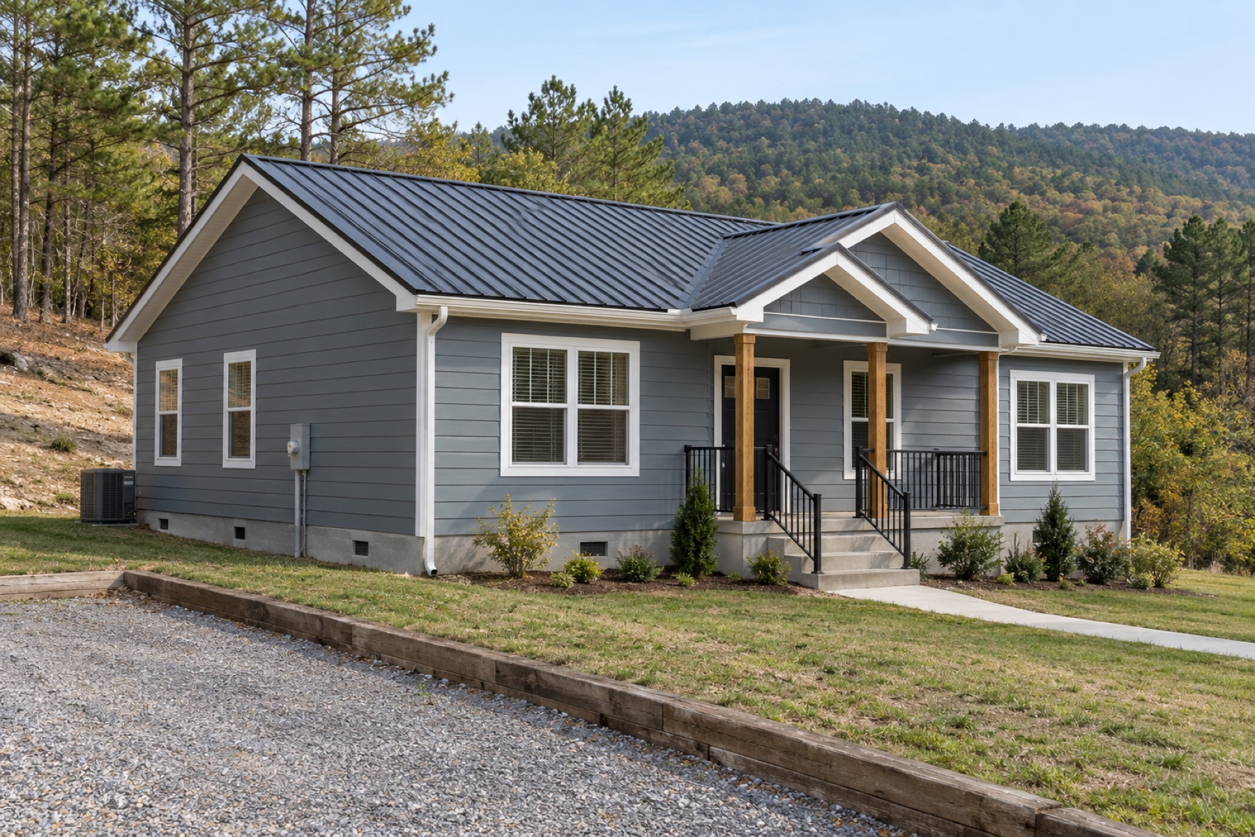Realistic concept of the Ridgeview 1120 three-bedroom modular home on an Arkansas foothill lot