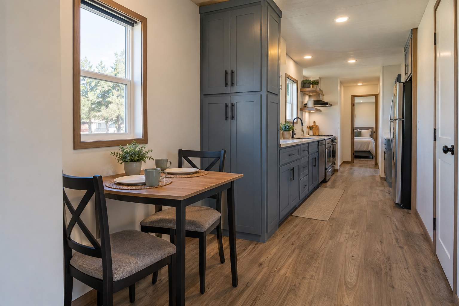 Two-person dining area beside a full-height kitchen pantry inside the Roamer 400