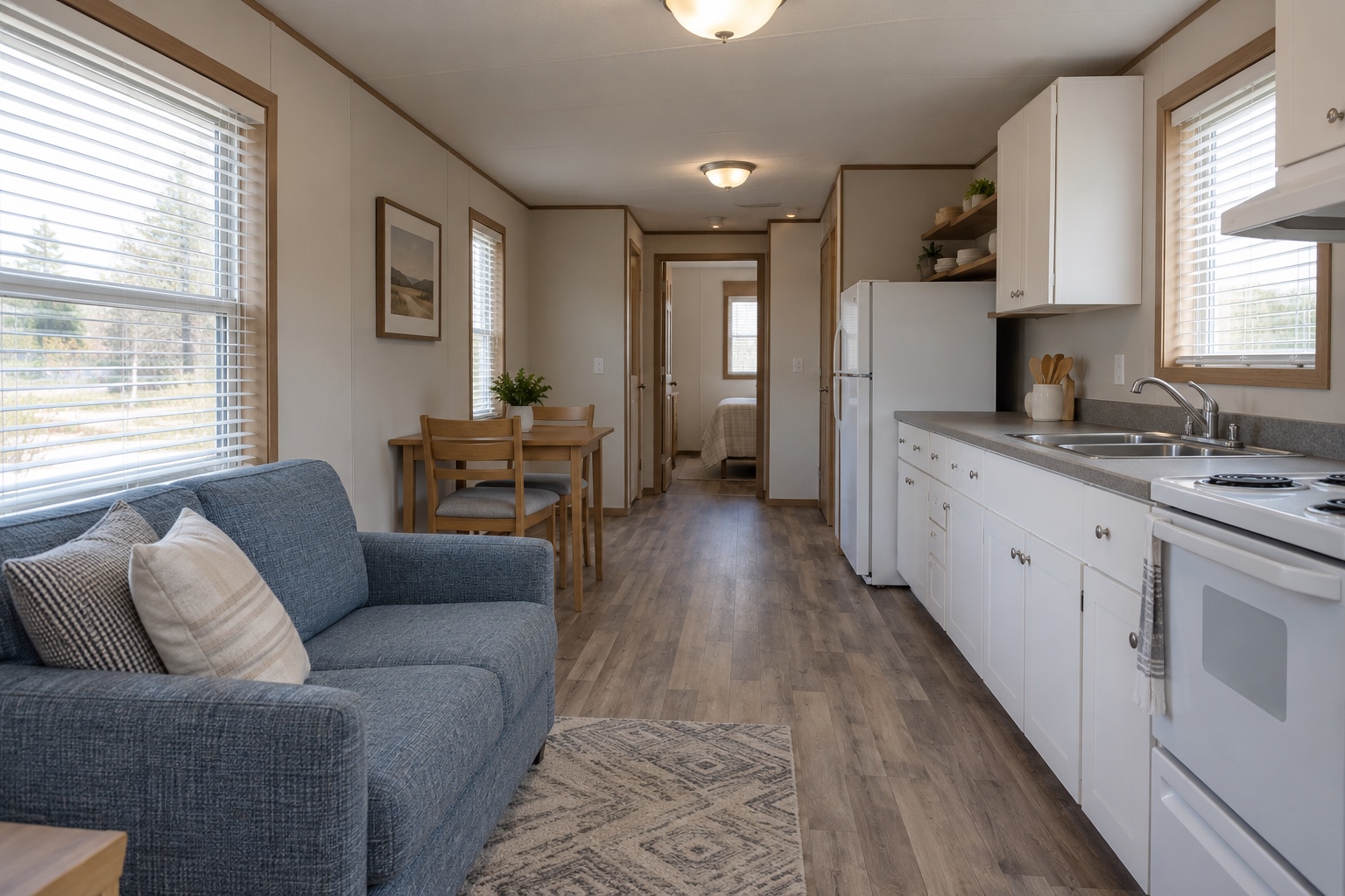 Realistic long living, dining and kitchen space inside the Roamer 400 mobile home