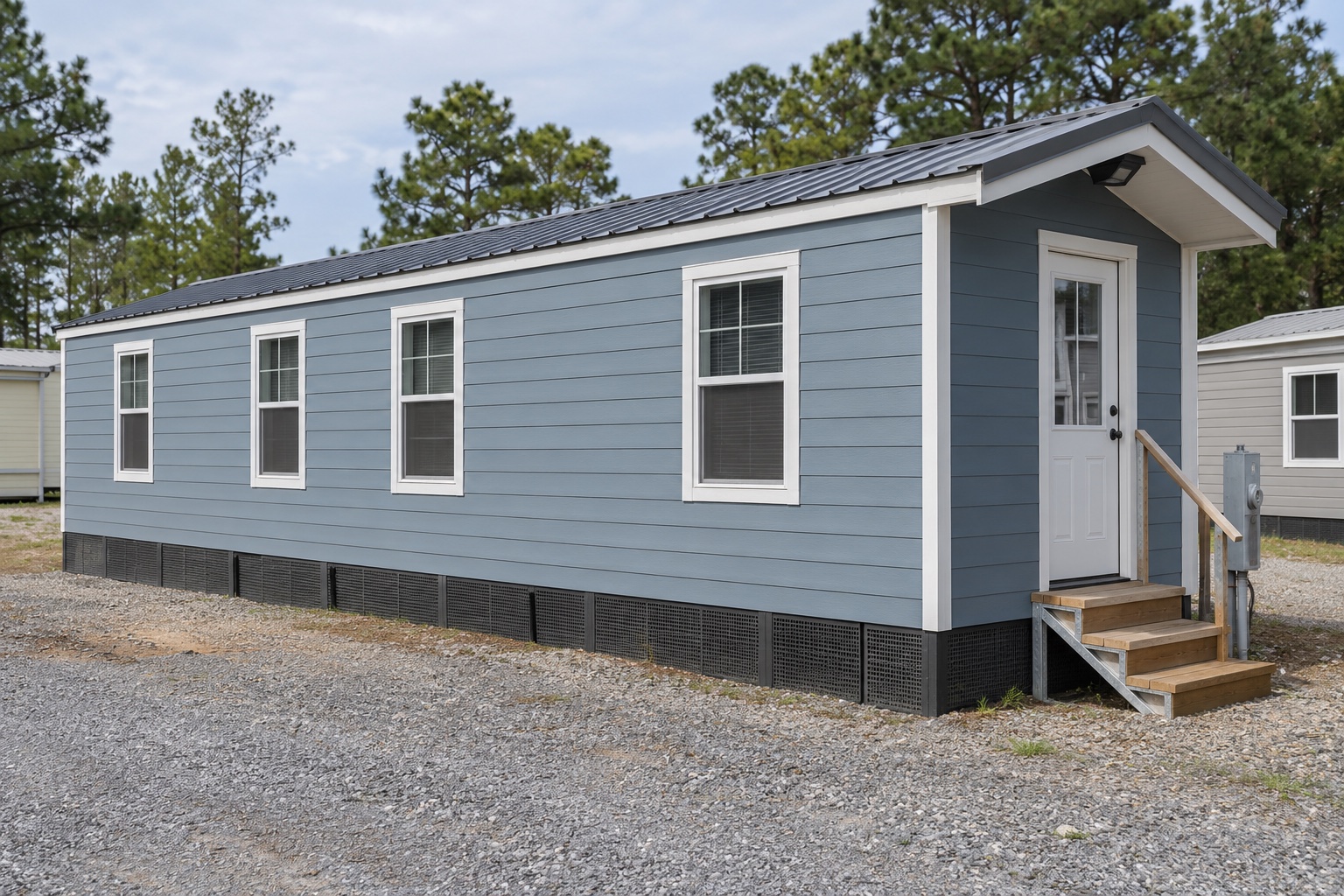 Realistic concept of the Roamer 400 dusty-blue mobile home on a Louisiana manufactured-home sales lot