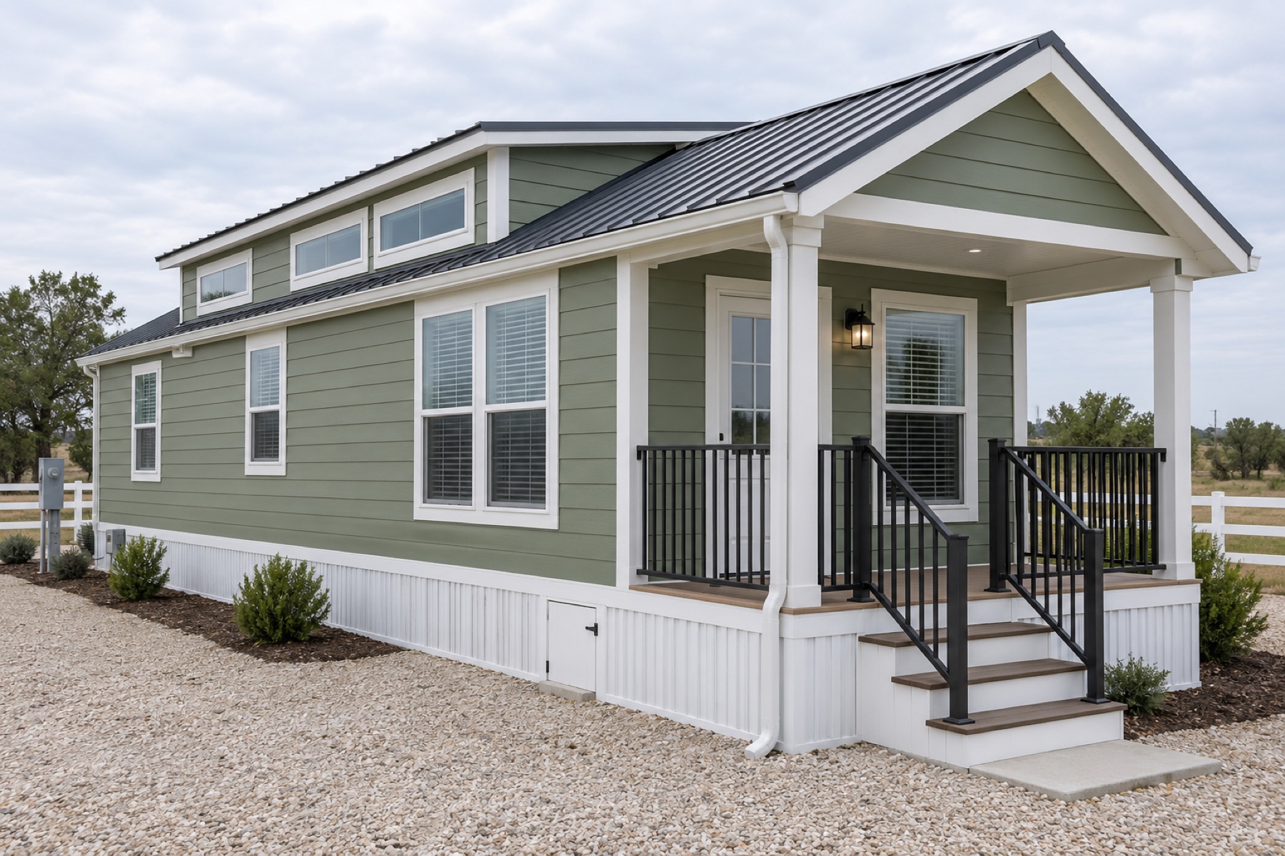 Realistic concept of the Sage Loft 399 park-model home on a tidy dealer display lot