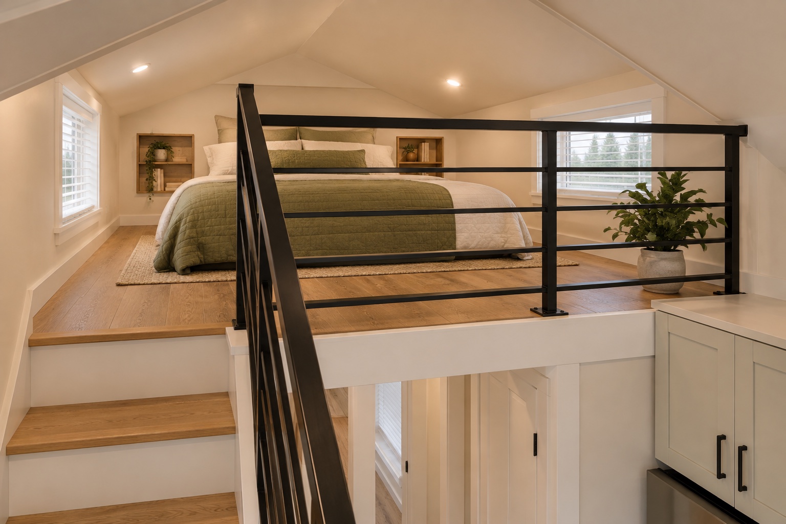 Sleeping loft and storage stair with clerestory daylight inside the Sage Loft 399