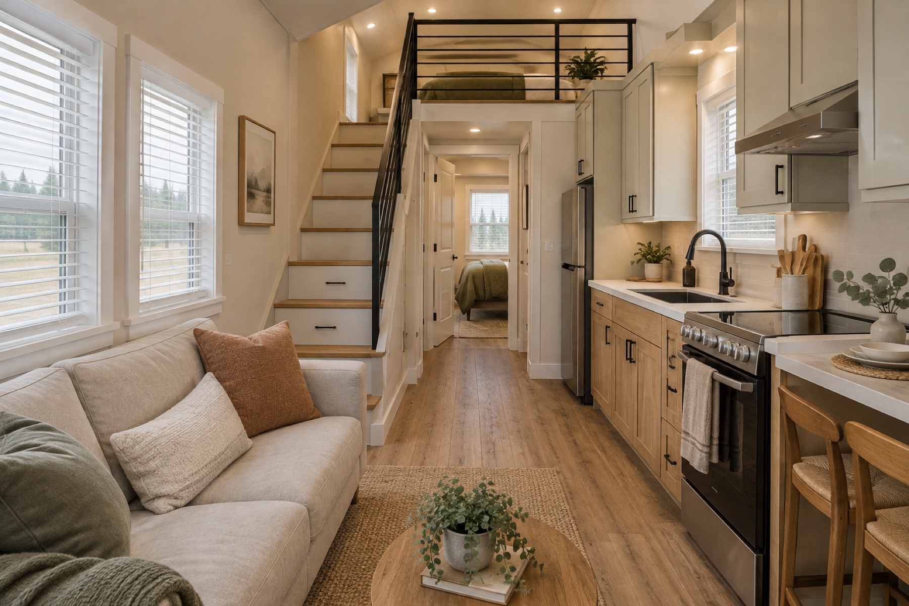 Realistic narrow living space, storage stair and kitchen inside the Sage Loft 399 park model