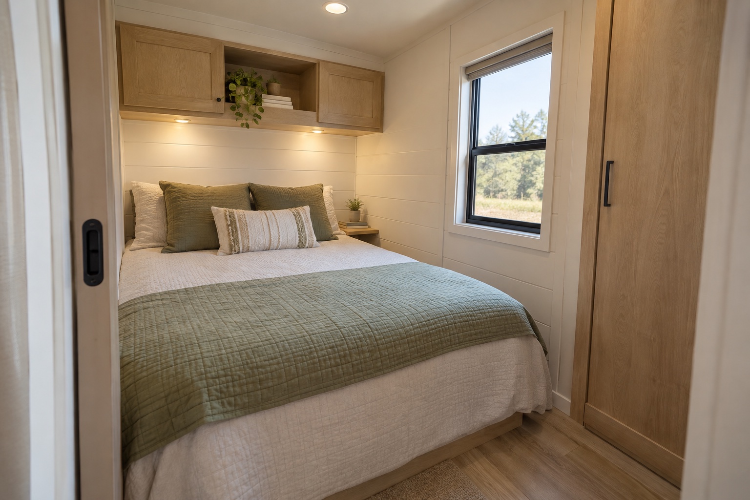 Very compact bedroom with built-in overhead storage inside the eight-foot-wide Scout 280
