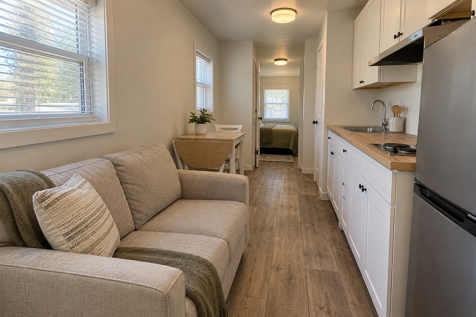 Realistic compact living room, dining table and galley kitchen inside the Scout 280 mobile home