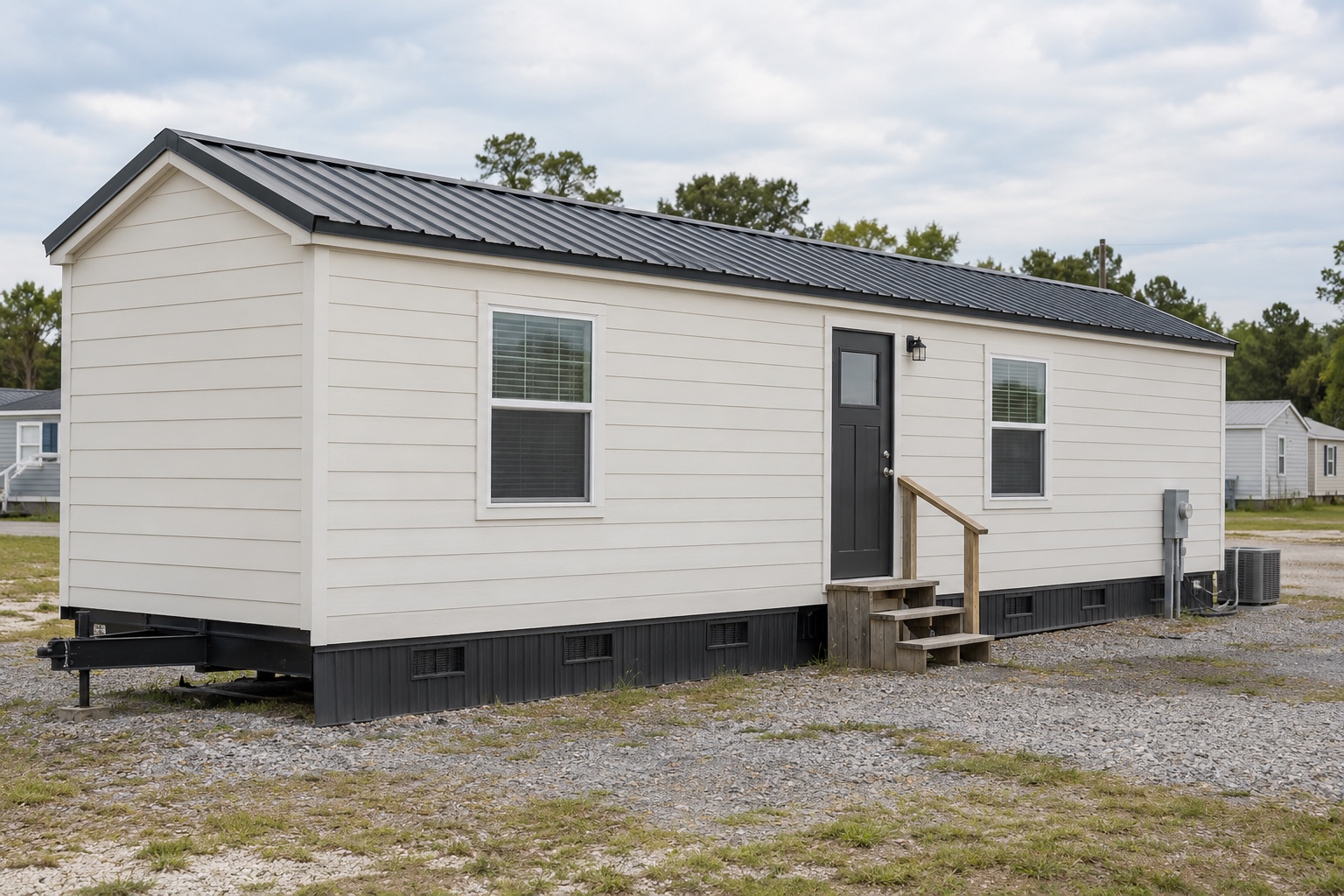 Realistic concept of the Scout 280 warm-white mobile micro-home on a modest manufactured-home dealer lot
