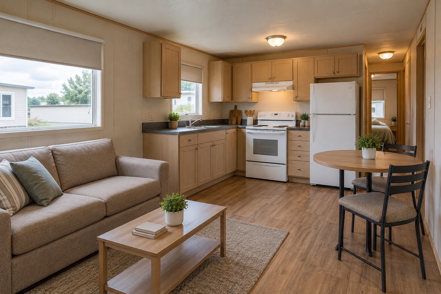 Realistic front lounge, dining table and economical L-shaped kitchen inside the Timber 352 mobile home