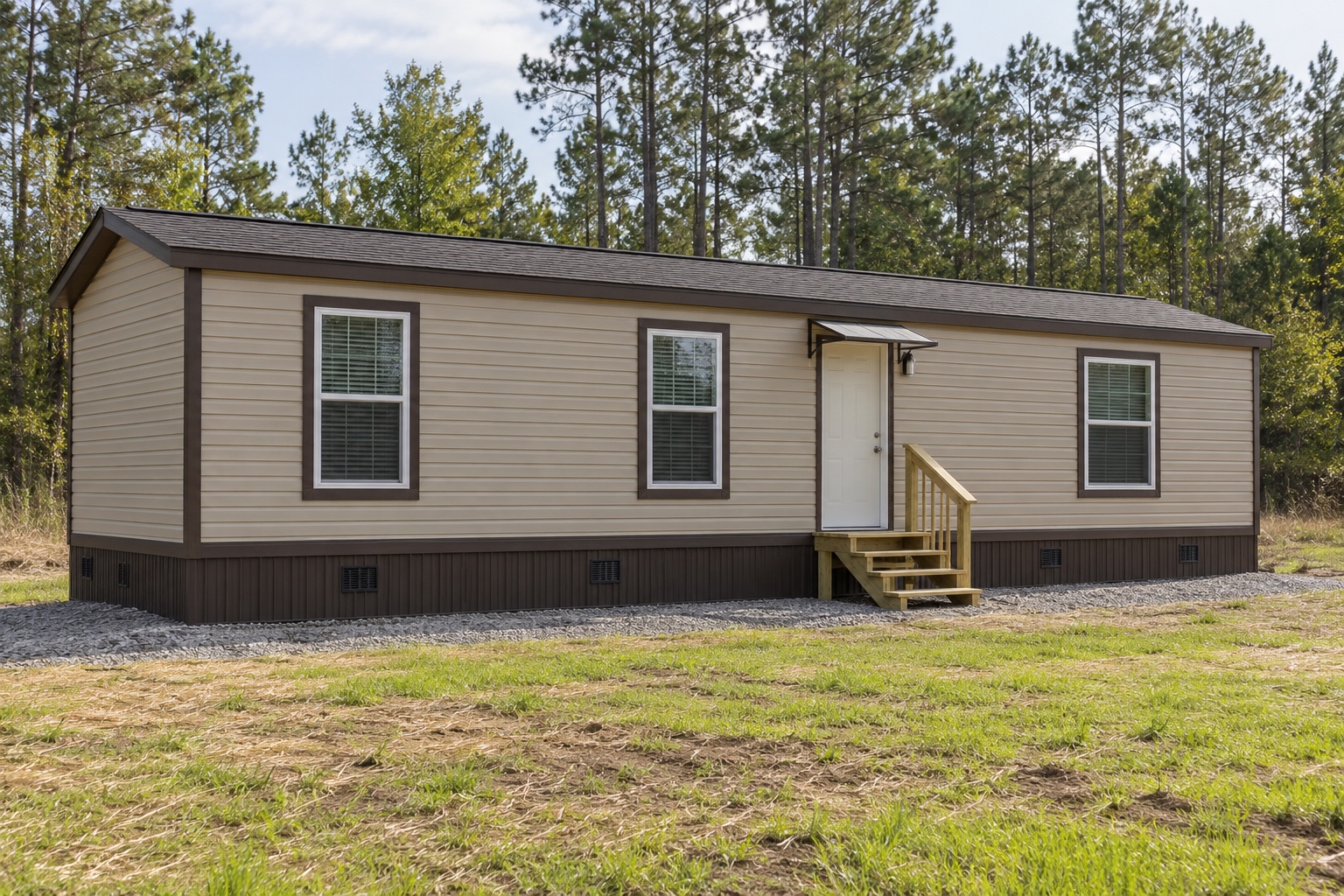 Realistic concept of the Timber 352 beige compact mobile home on an Arkansas residential setup