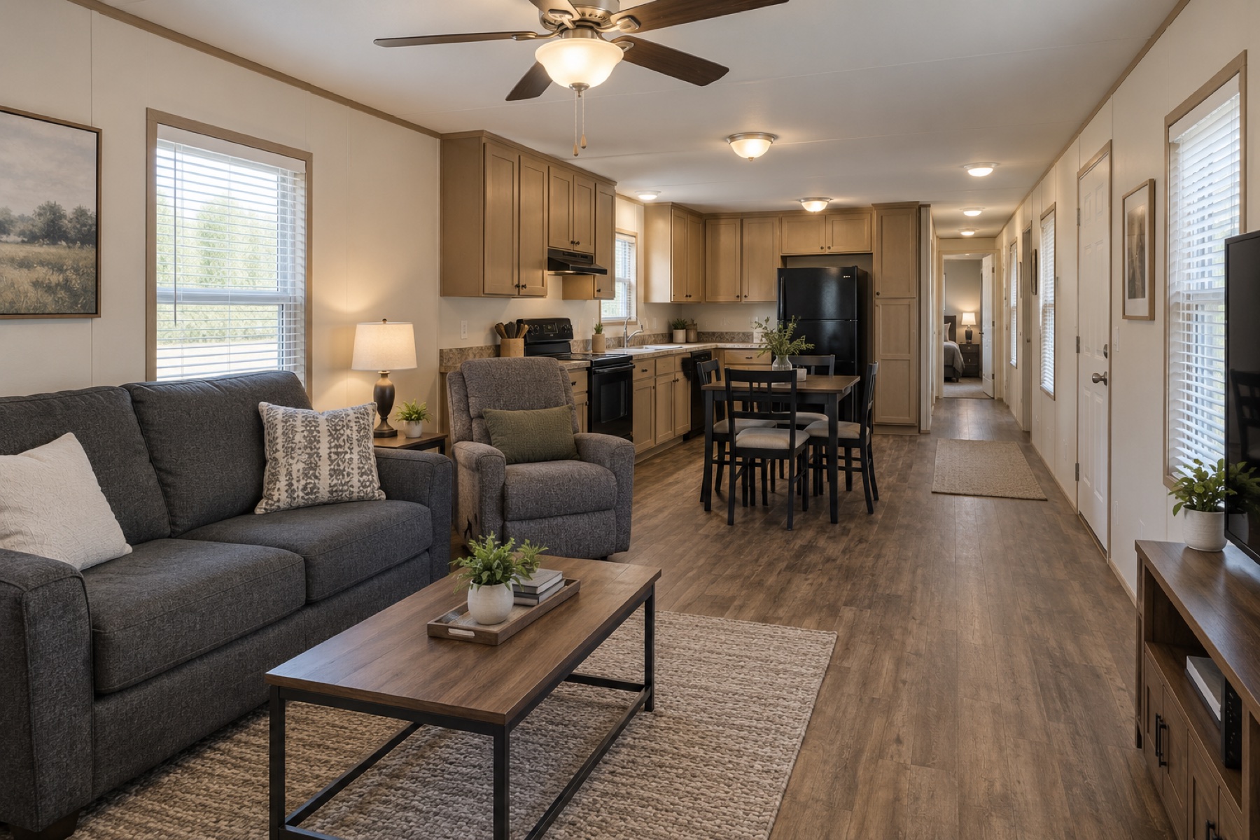 Realistic narrow living, dining and kitchen area inside the Trailside 924 single-wide mobile home