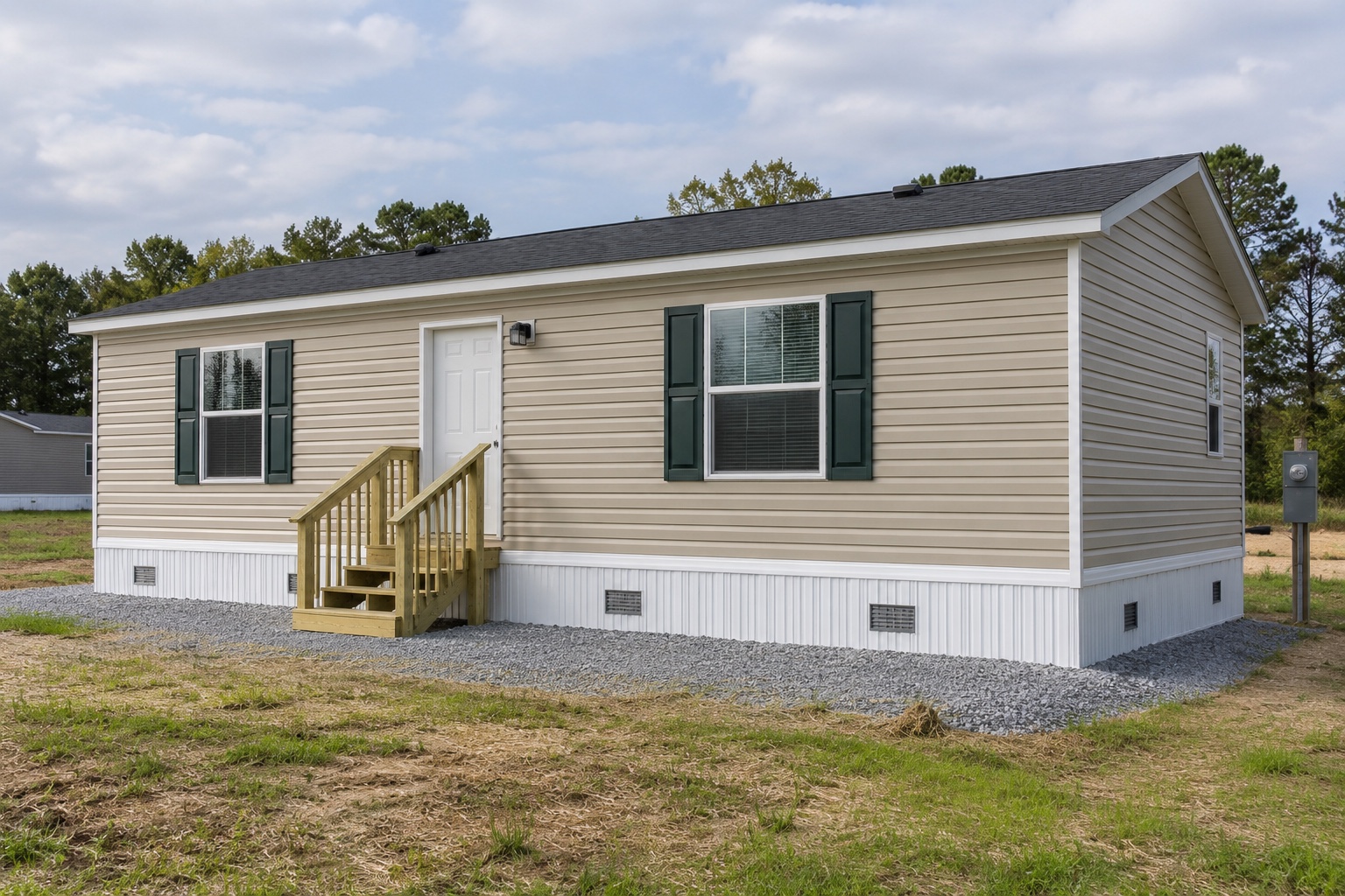 Realistic concept of the Transit 448 sand-colored compact mobile home on a modest Alabama residential lot
