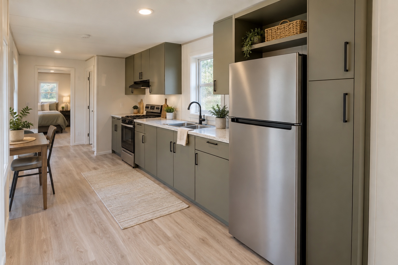 Linear kitchen with full-height pantry storage inside the Vista 384 mobile home